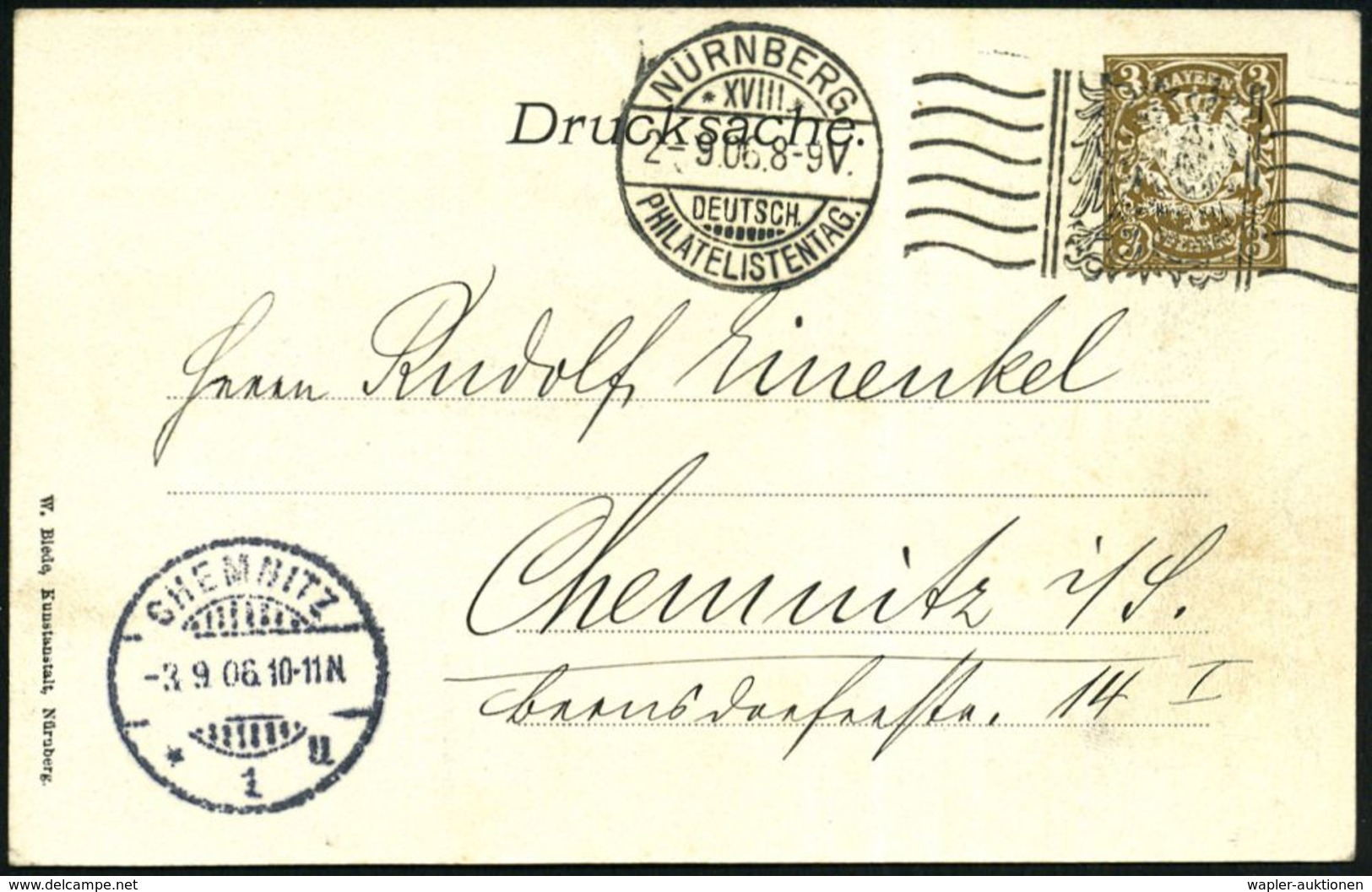 NÜRNBERG/ XVIII./ DEUTSCH./ PHILATELISTENTAG 1906 (2.9.) MaWSt + 2x 6 Kurze Wellen (Jungfernadler) Auf PP 3 Pf. Wappen,  - Expositions Philatéliques