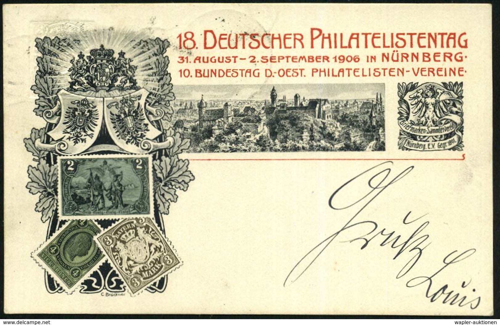 NÜRNBERG/ XVIII./ DEUTSCH./ PHILATELISTENTAG 1906 (2.9.) MaWSt + 2x 6 Kurze Wellen (Jungfernadler) Auf PP 3 Pf. Wappen,  - Expositions Philatéliques