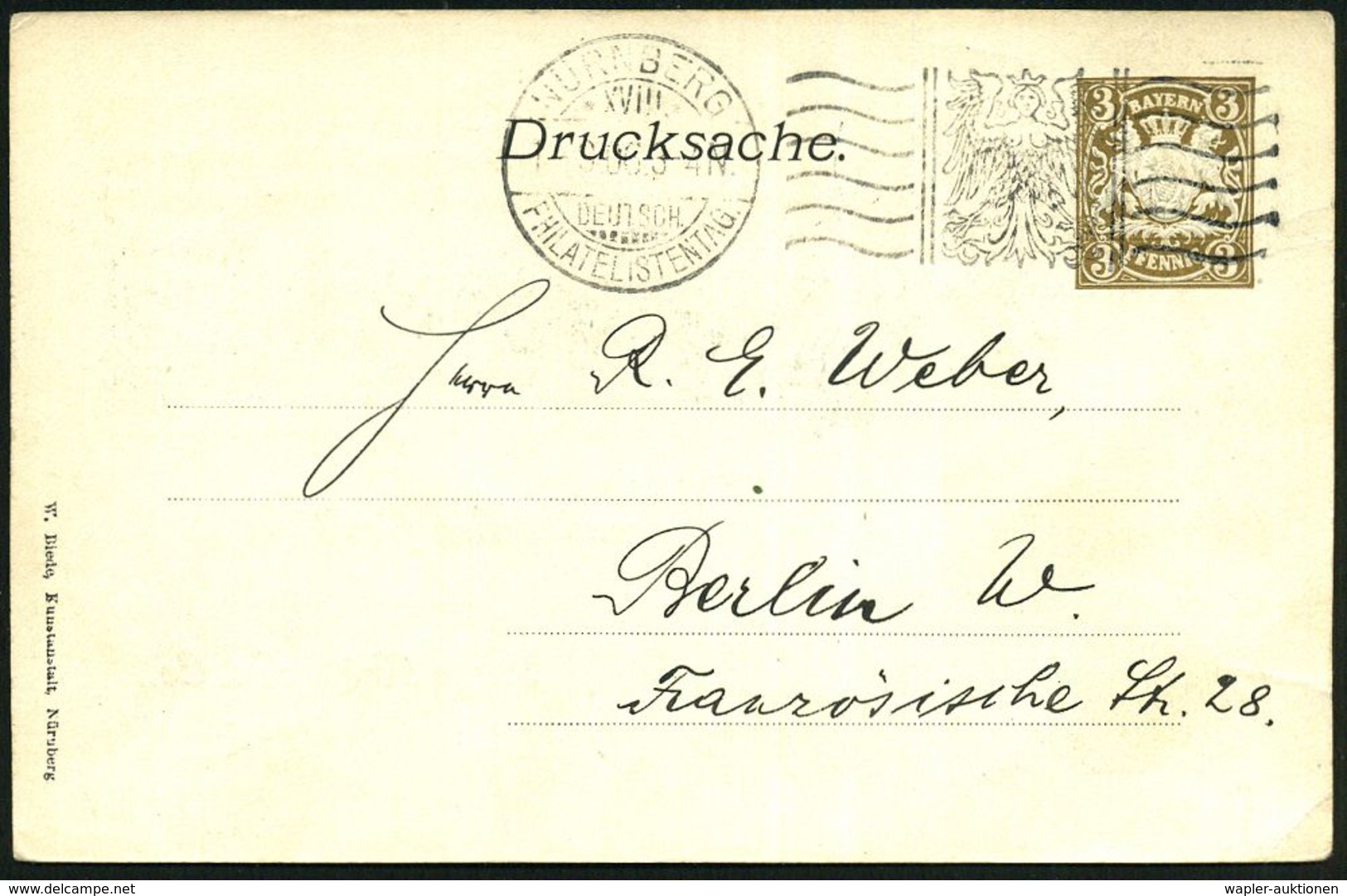 NÜRNBERG/ XVIII./ DEUTSCH./ PHILATELISTENTAG 1906 (2.9.) MaWSt + 2x 6 Kurze Wellen (Jungfernadler) Auf PP 3 Pf. Wappen B - Filatelistische Tentoonstellingen