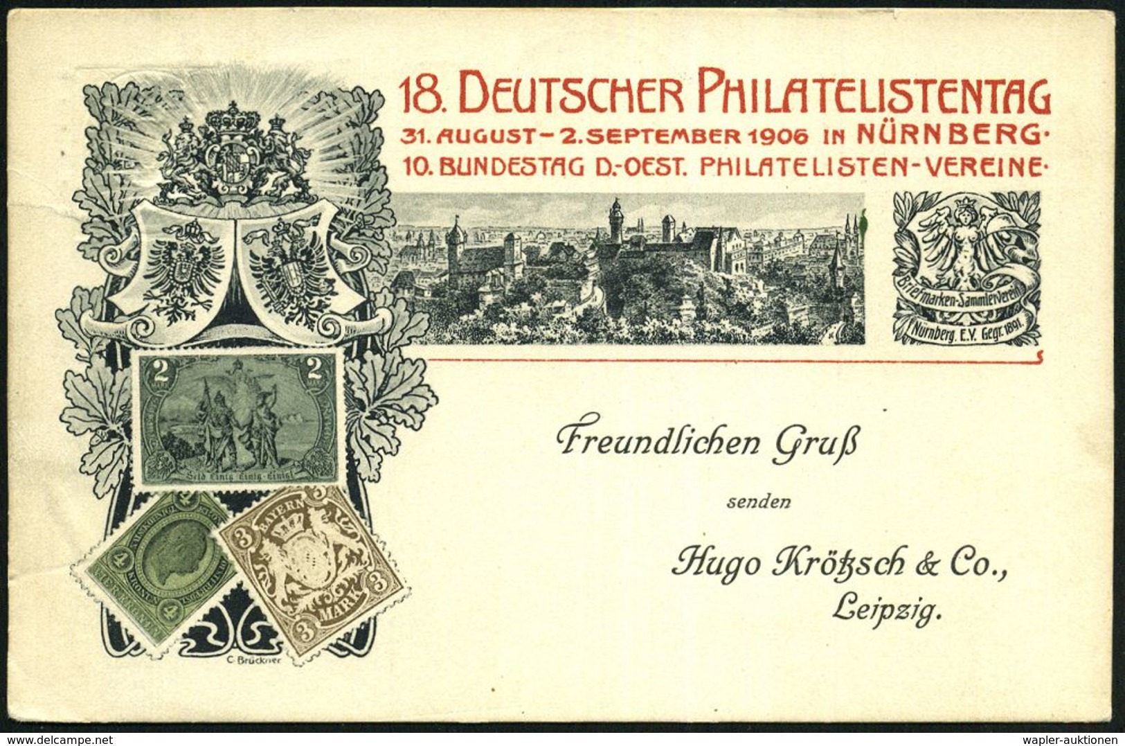 NÜRNBERG/ XVIII./ DEUTSCH./ PHILATELISTENTAG 1906 (2.9.) MaWSt + 2x 6 Kurze Wellen (Jungfernadler) Auf PP 3 Pf. Wappen B - Briefmarkenausstellungen