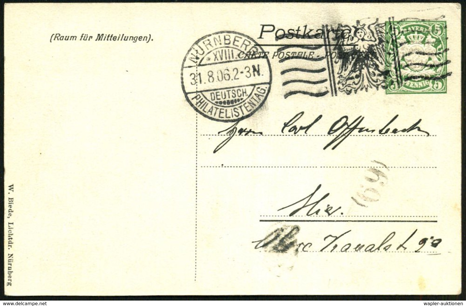 NÜRNBERG/ XVIII./ DEUTSCH./ PHILATELISTENTAG 1906 (31.8.) FaWSt (Jungfernadler) Auf PP 5 Pf. Wappen, Grün: 18. DEUTSCHER - Esposizioni Filateliche