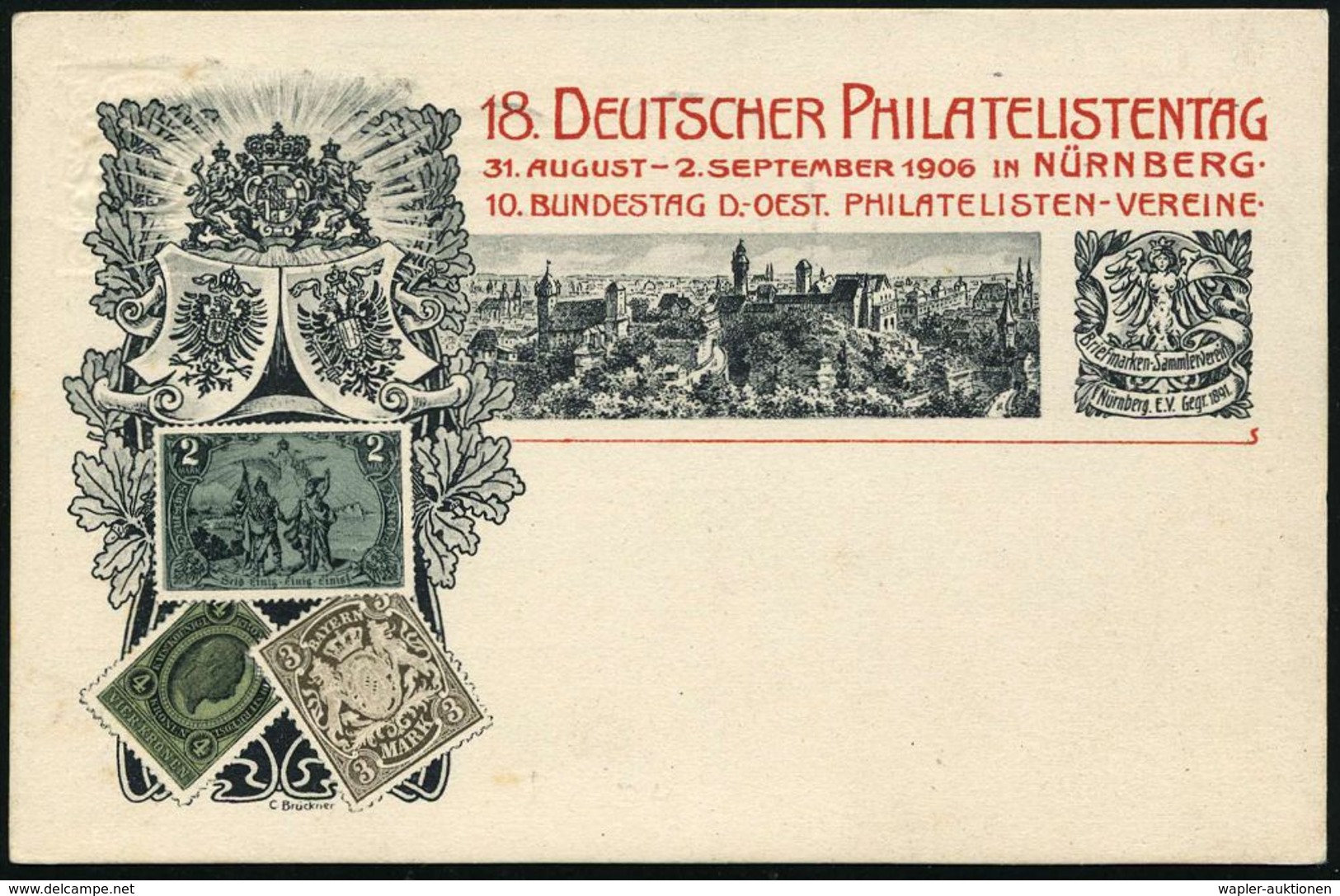 NÜRNBERG/ XVIII./ DEUTSCH./ PHILATELISTENTAG 1906 (31.8.) FaWSt (Jungfernadler) Auf PP 5 Pf. Wappen, Grün: 18. DEUTSCHER - Briefmarkenausstellungen