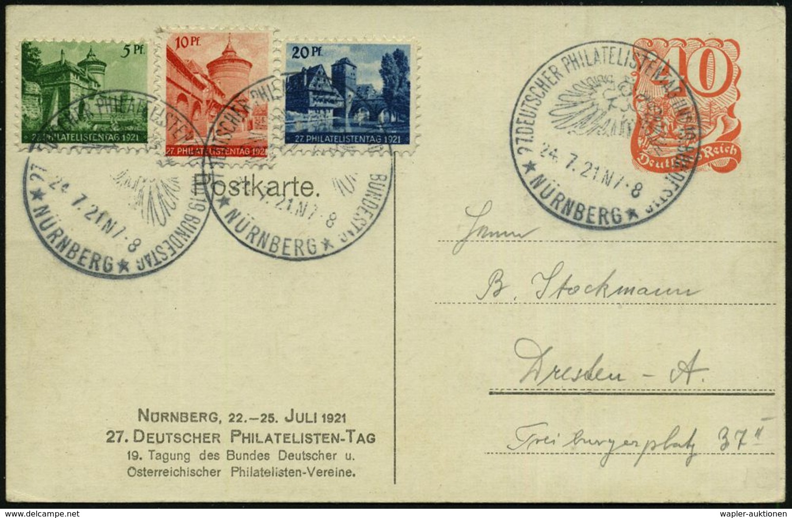 NÜRNBERG/ 27.DEUTSCHER PHILATELISTENTAG U.19.BUNDESTAG 1921 (23.7.) SSt (Jungfernadler) Auf PP 40 Pf. Postreiter, Rot: 2 - Briefmarkenausstellungen