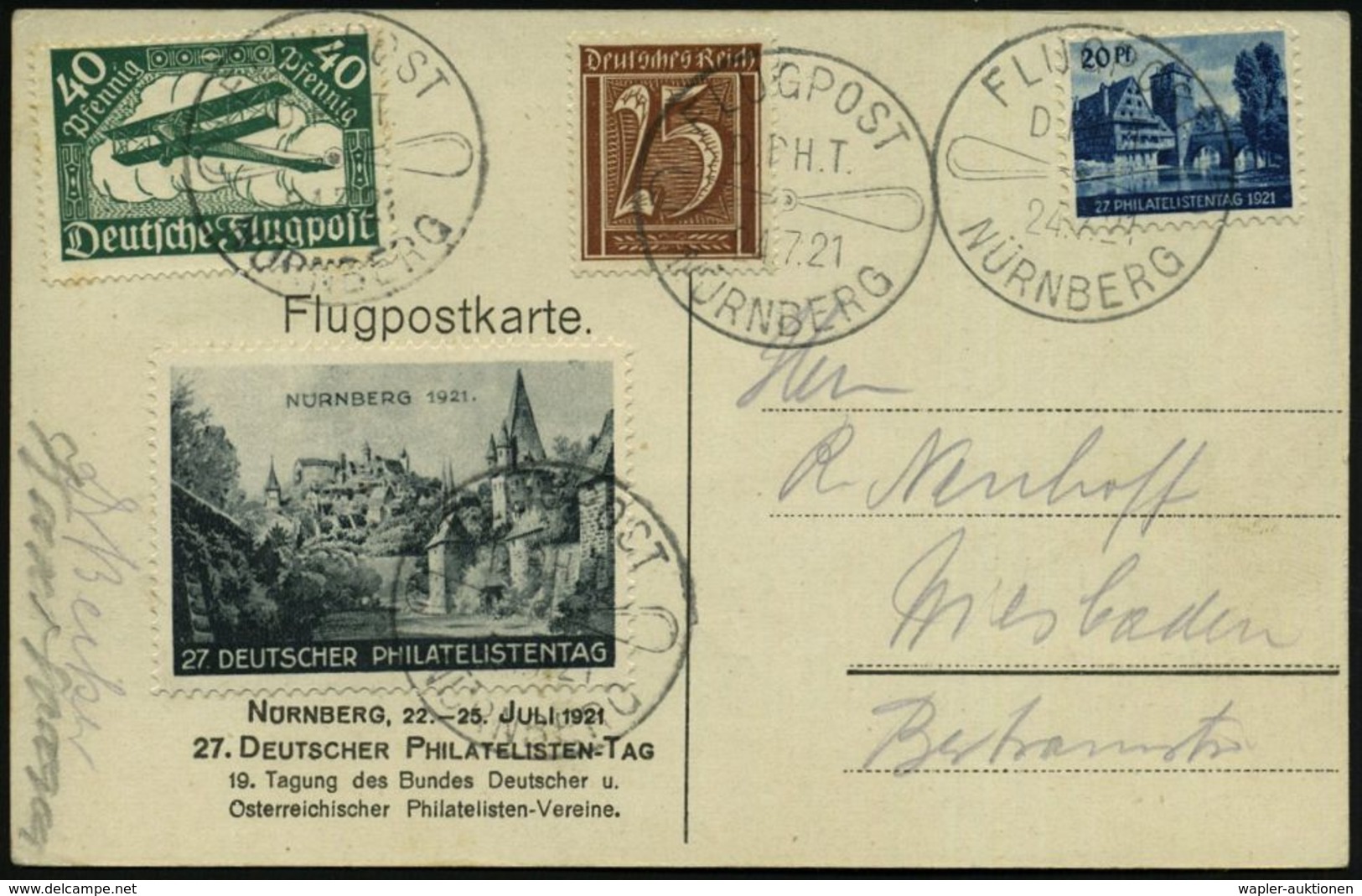 NÜRNBERG/ D.P.H.T./ FLUGPOST 1921 (24.7.) Seltener SSt (Propeller) Auf Flp. 40 Pf. (Mi.112 U.a.) 4x Auf Sonderkarte: 27. - Esposizioni Filateliche