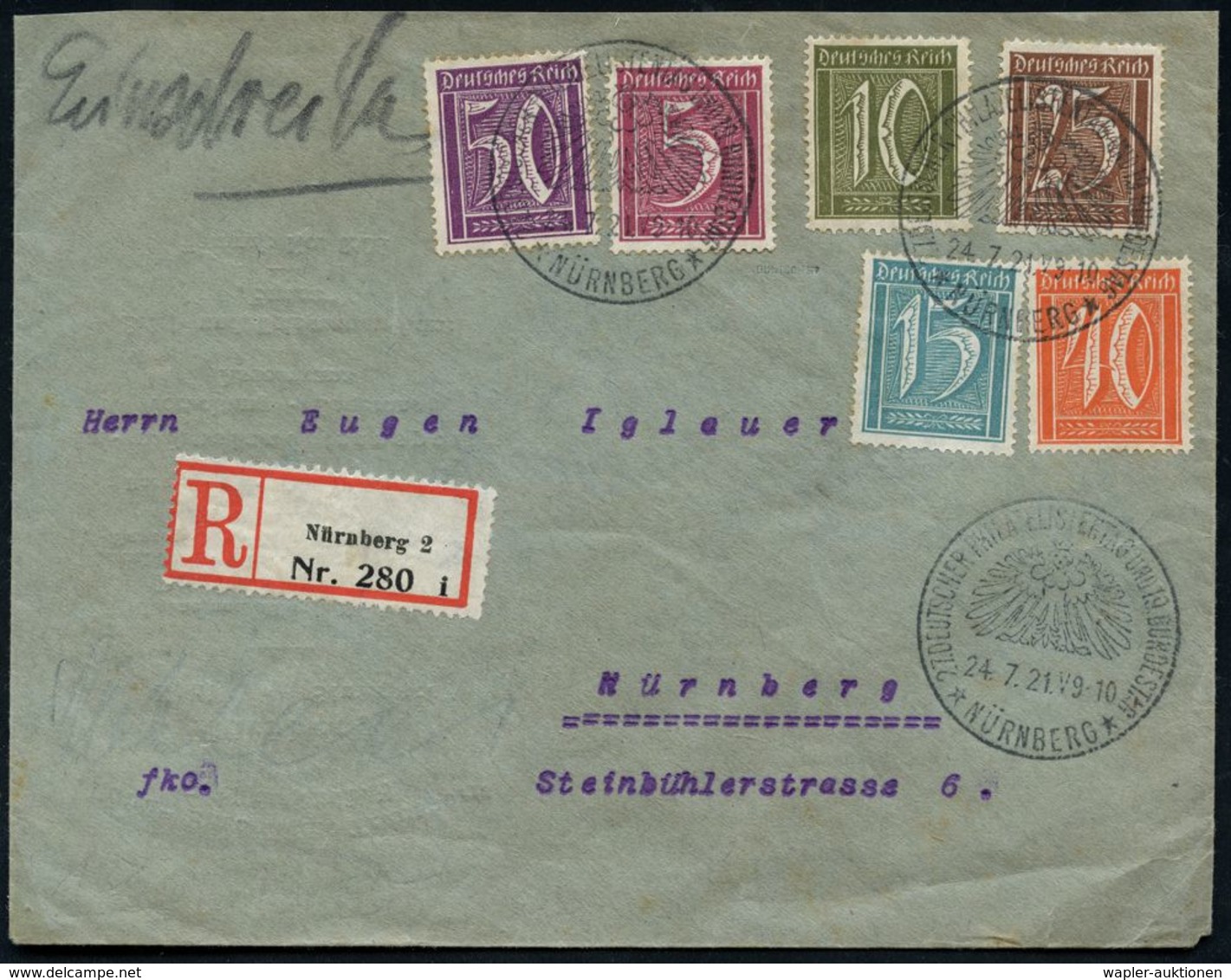 NÜRNBERG/ 27.DT.PHILATEL.TAG U.19.BUNDESTAG 1921 (24.7.) SSt 3x (Jungfernadler) + RZ: Nürnberg 2/i, Orts-R-Bf. (rs. Klap - Briefmarkenausstellungen