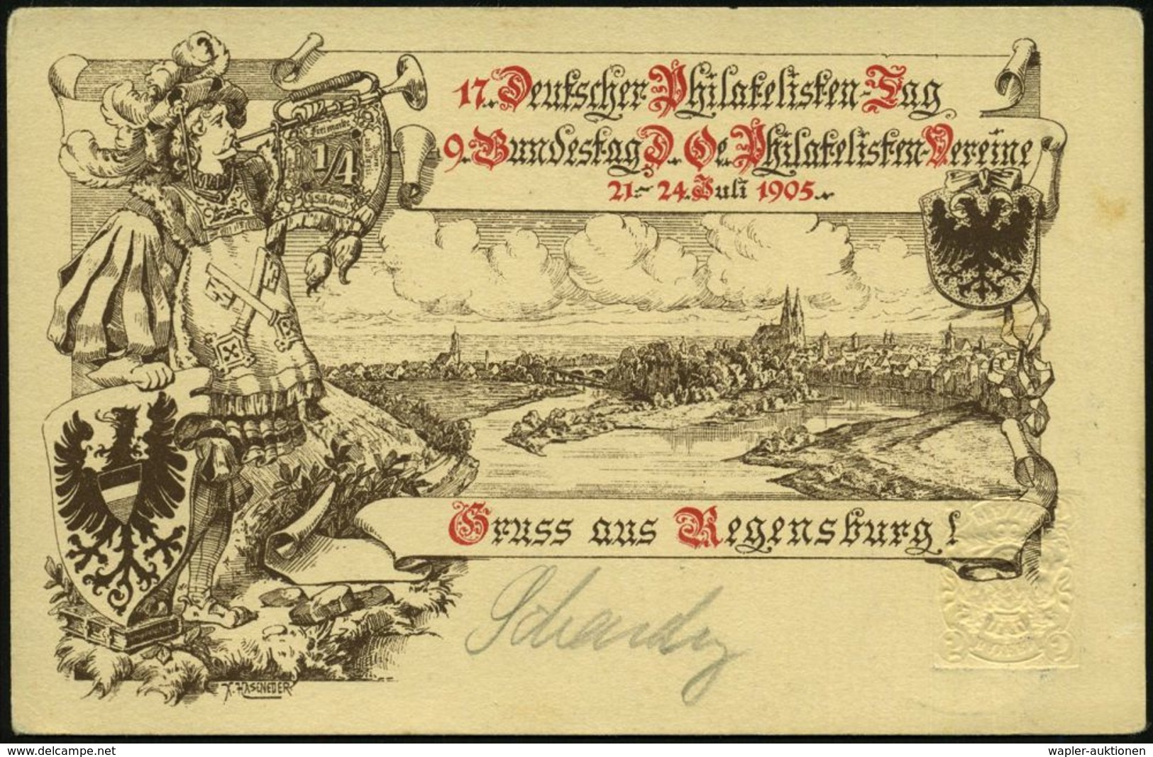 REGENSBURG/ XVII.DT.PHILATELISTENTAG 1905 (23.7.) SSt + Viol. HdN : XVII. DEUTSCH. PHILATEL. TAG.. Auf PP 5 Pf. Wappen,  - Briefmarkenausstellungen