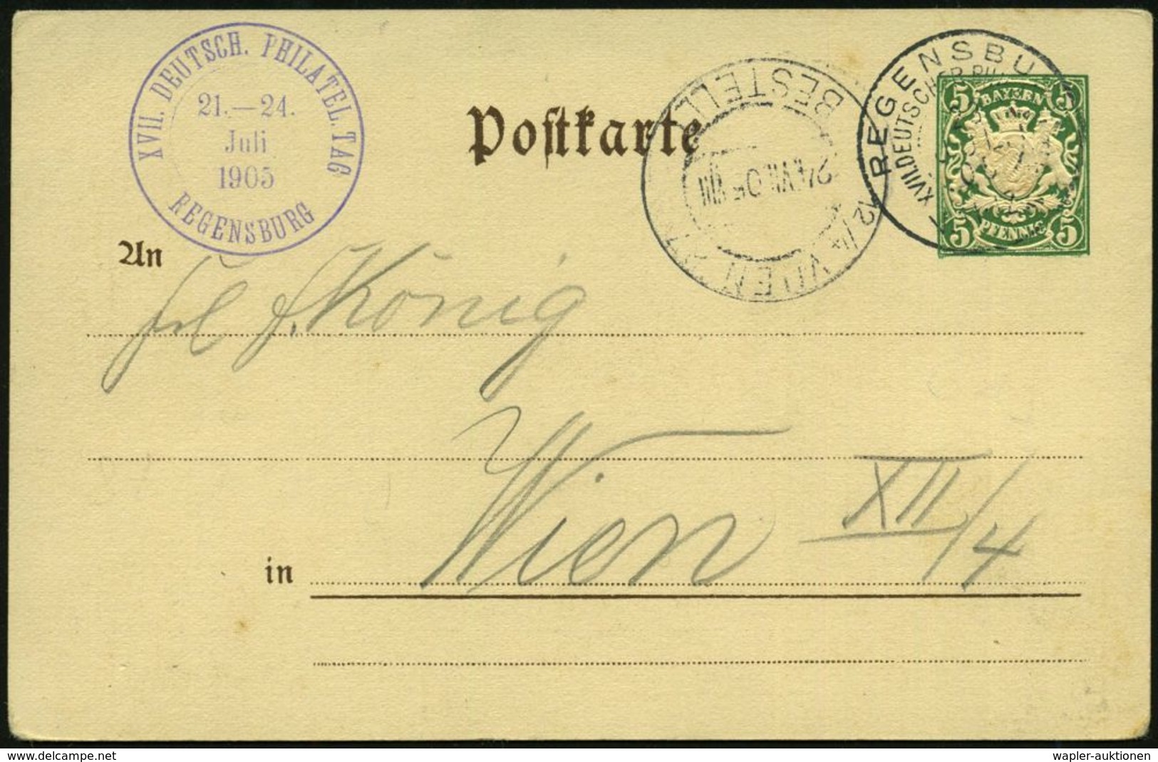 REGENSBURG/ XVII.DT.PHILATELISTENTAG 1905 (23.7.) SSt + Viol. HdN : XVII. DEUTSCH. PHILATEL. TAG.. Auf PP 5 Pf. Wappen,  - Briefmarkenausstellungen