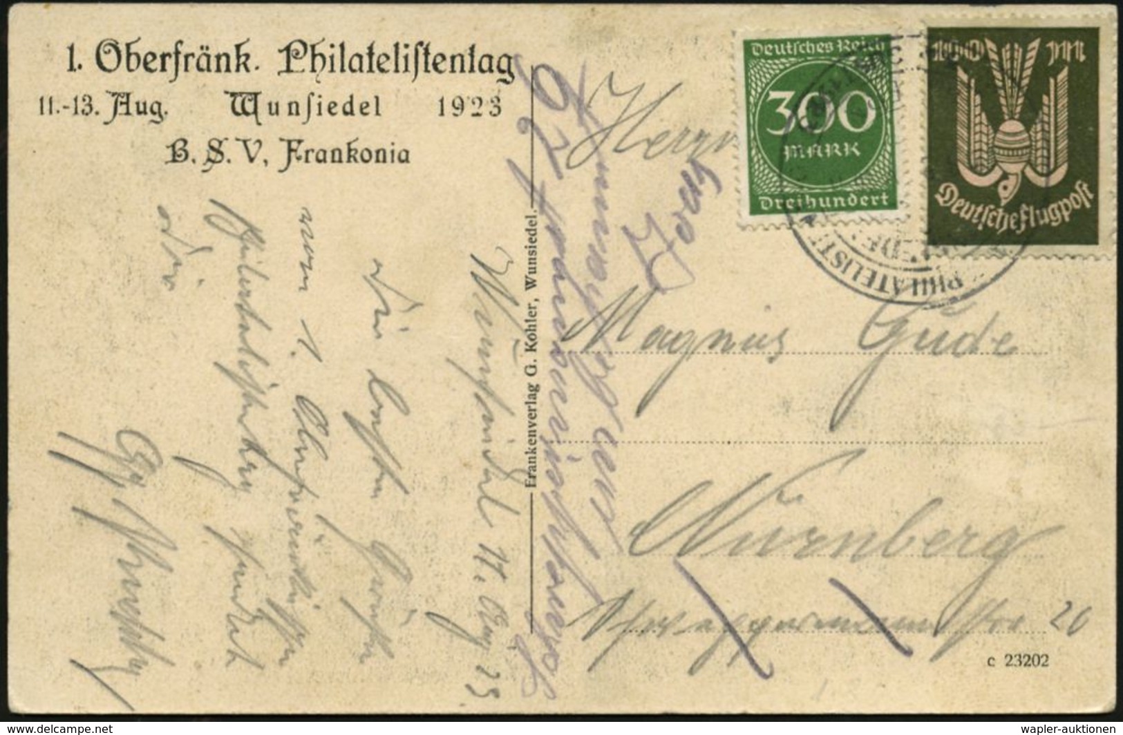 WUNSIEDEL/ BAYERN/ 1.OBERFRÄNK.PHILATELISTENTAG 1923 (11.8.) Seltener Infla-SSt (teils Etw.undeutl.) Nach-gesandte, Selt - Filatelistische Tentoonstellingen