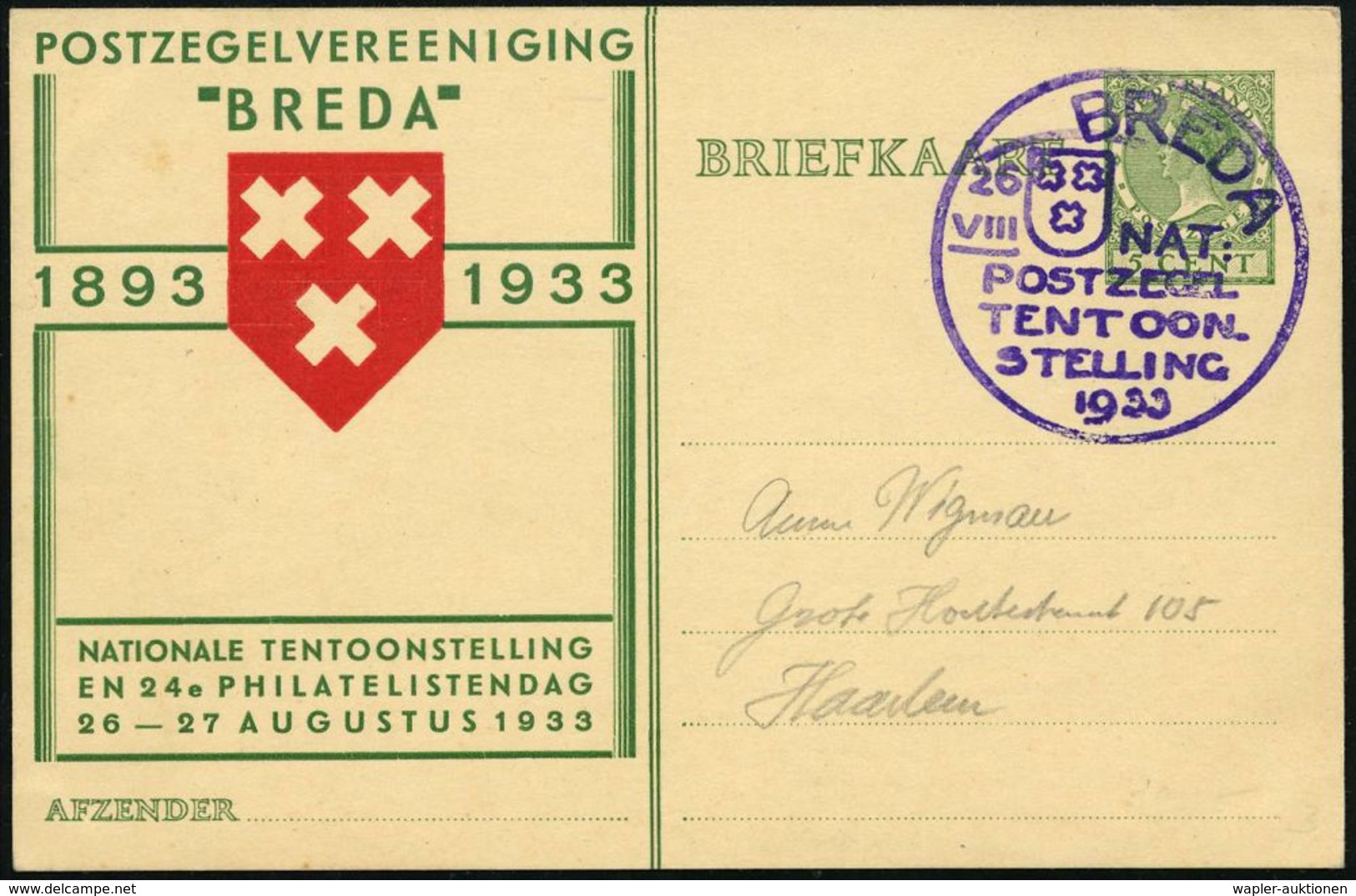 NIEDERLANDE 1933 (26.8.) Viol. SSt: BREDA/NAT:/POSTZEGEL/TENTOON-/STELLING (Wappen) Auf PP 5 C. Grün: 24e PHILATELISTEND - Filatelistische Tentoonstellingen