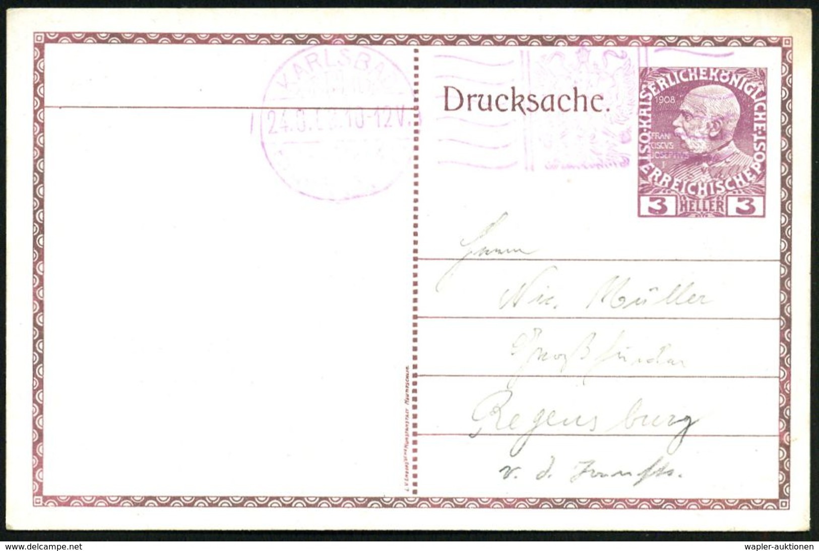 ÖSTERREICH 1909 (22.9.) PP 3 H. KFJ-Jubil., Viol.: XX./PHILATELISTENTAG../KARLSBAD = Gemse (u. Wappen) + Viol. MWSt.: KA - Philatelic Exhibitions