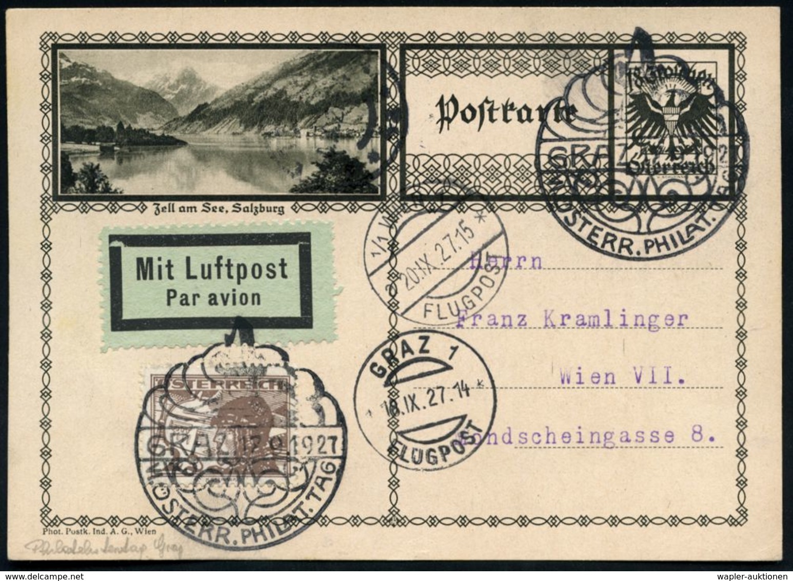 ÖSTERREICH 1927 (17.9.) SSt.: GRAZ/VI. ÖSTERR. PHILAT. TAG (Uhrturm) 2x Auf Inl.-BiP 18 Gr. (Zell A.See) + Zusatz-Franka - Expositions Philatéliques