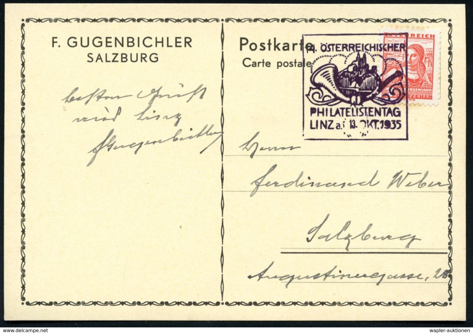 ÖSTERREICH 1935 (13.10.) Viol. SSt: LINZ/14.ÖSTERREICHISCHER/PHILATELISTENTAG (Ortsbild In Posthorn) Bedarfs-Inl.Kt. - - Briefmarkenausstellungen