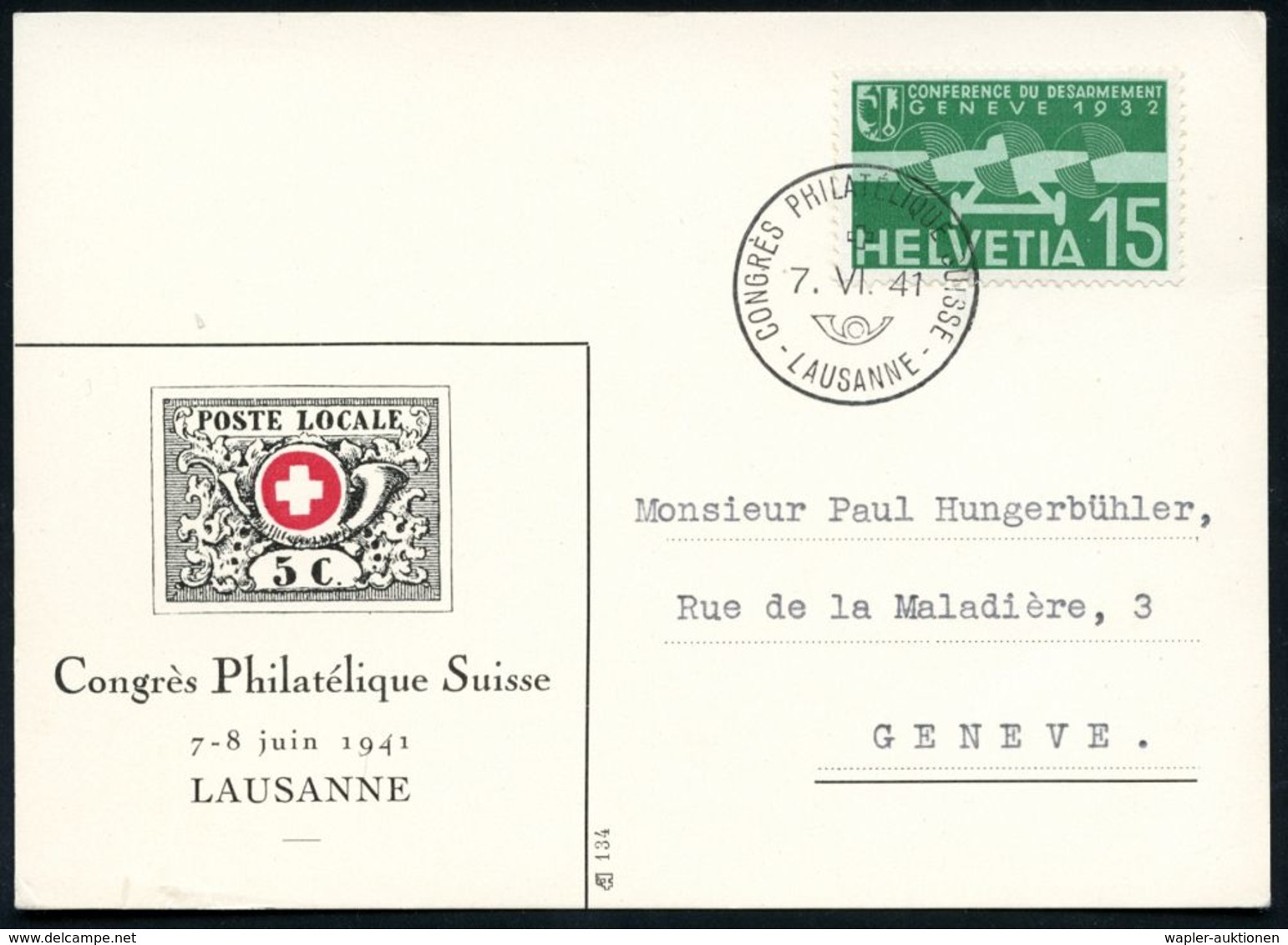 SCHWEIZ 1941 (7.6.) SSt: LAUSANNE/CONGRES PHILATELIQUE SUISSE Klar Auf Inl.-Sonder-Kt.: Abb. "POSTE LOCALE GENF"  (Pen.S - Filatelistische Tentoonstellingen