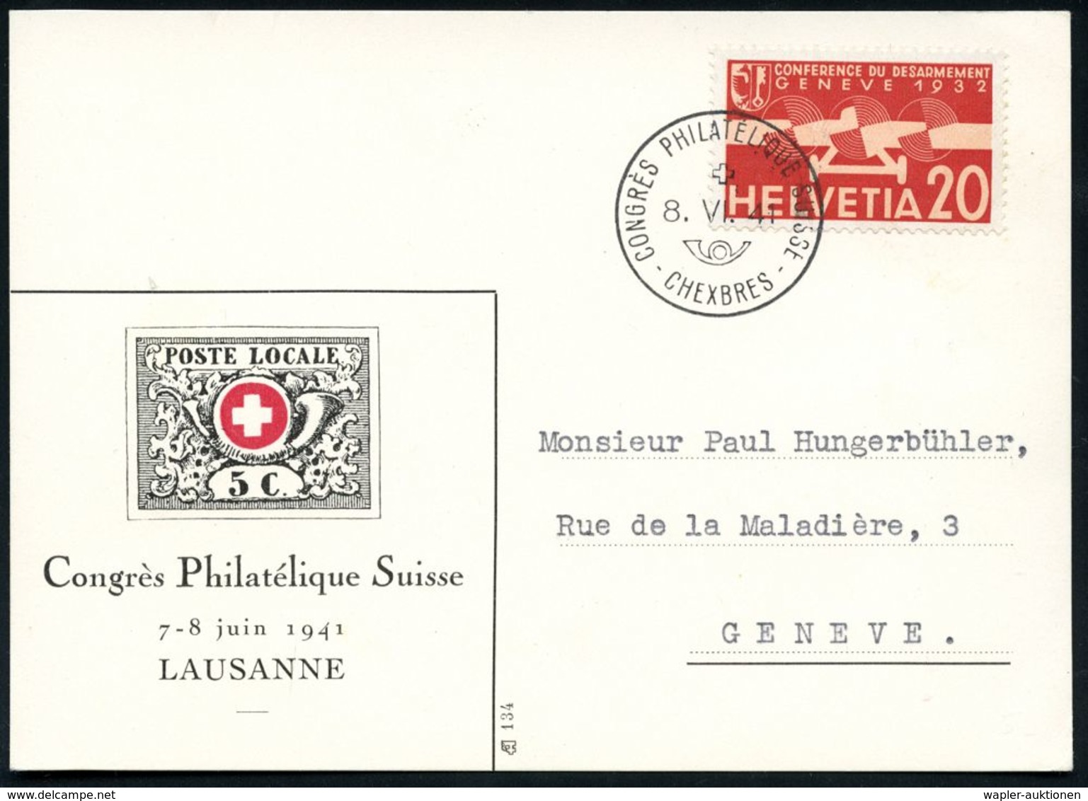 SCHWEIZ 1941 (8.6.) SSt: CHEXBRES/CONGRES PHILATELIQUE SUISSE Klar Auf Inl.-Sonder-Kt.: Abb. "POSTE LOCALE GENF"  (Pen.S - Briefmarkenausstellungen