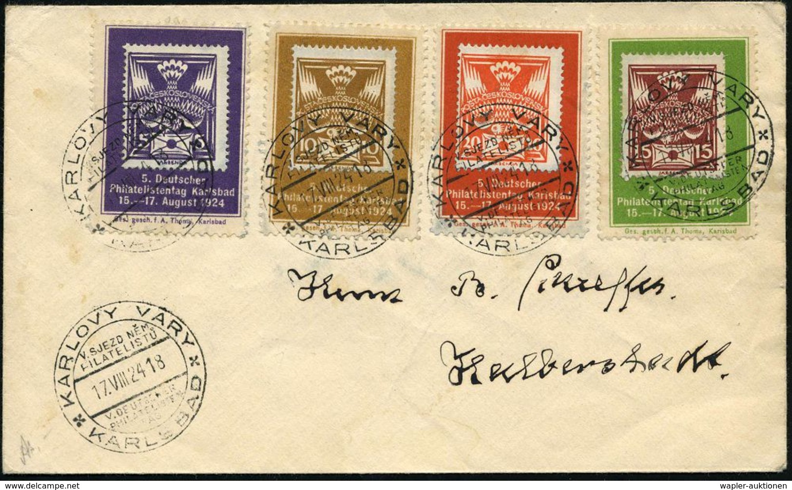 TSCHECHOSLOWAKEI 1924 (17.8.) SSt: KARLOVA VARY/KARLSBAD/V.DEUTSCHER PHILATELISTENTAG (zweispr.) 5 X, Frankatur Auf 4 Ve - Briefmarkenausstellungen