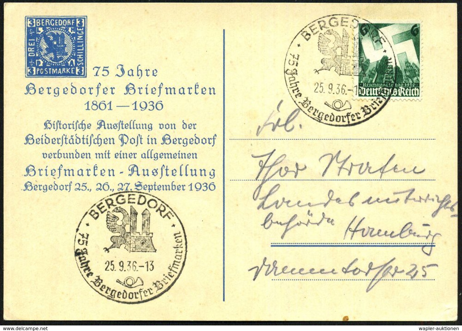 BERGEDORF/ 75 Jahre Bergedorfer Briefmarken 1936 (25.9.) SSt (Wappen, Posthorn) Auf Jubiläums-Sonder-Kt.: 75 Jahre Berge - Expositions Philatéliques