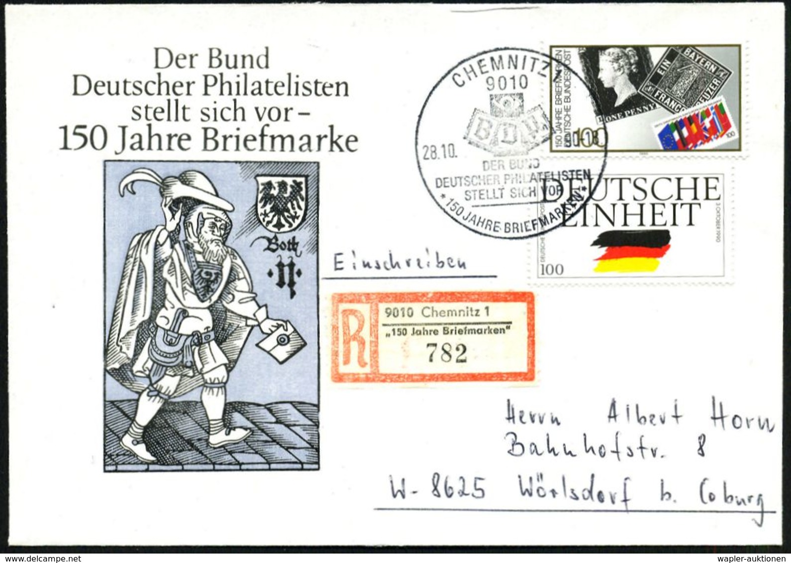 9010 CHEMNITZ 1/ BdPh../ 150 JAHRE BRIEFMARKEN 1990 (22.10.) SSt Auf 100 Pf. "150 Jahre Briefmarken" U.a. + Sonder-RZ: 9 - Filatelistische Tentoonstellingen