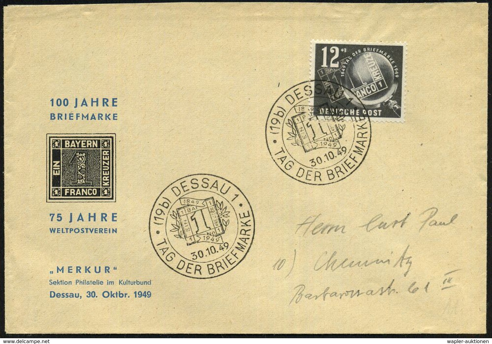 (19b) DESSAU 1/ TAG DER BRIEFMARKE 1949 (30.10.) SSt = Bayern Nr.1 Auf 12 + 3 Pf. "100 Jahre Briefmarke" (Mi.245 EF + 35 - Filatelistische Tentoonstellingen