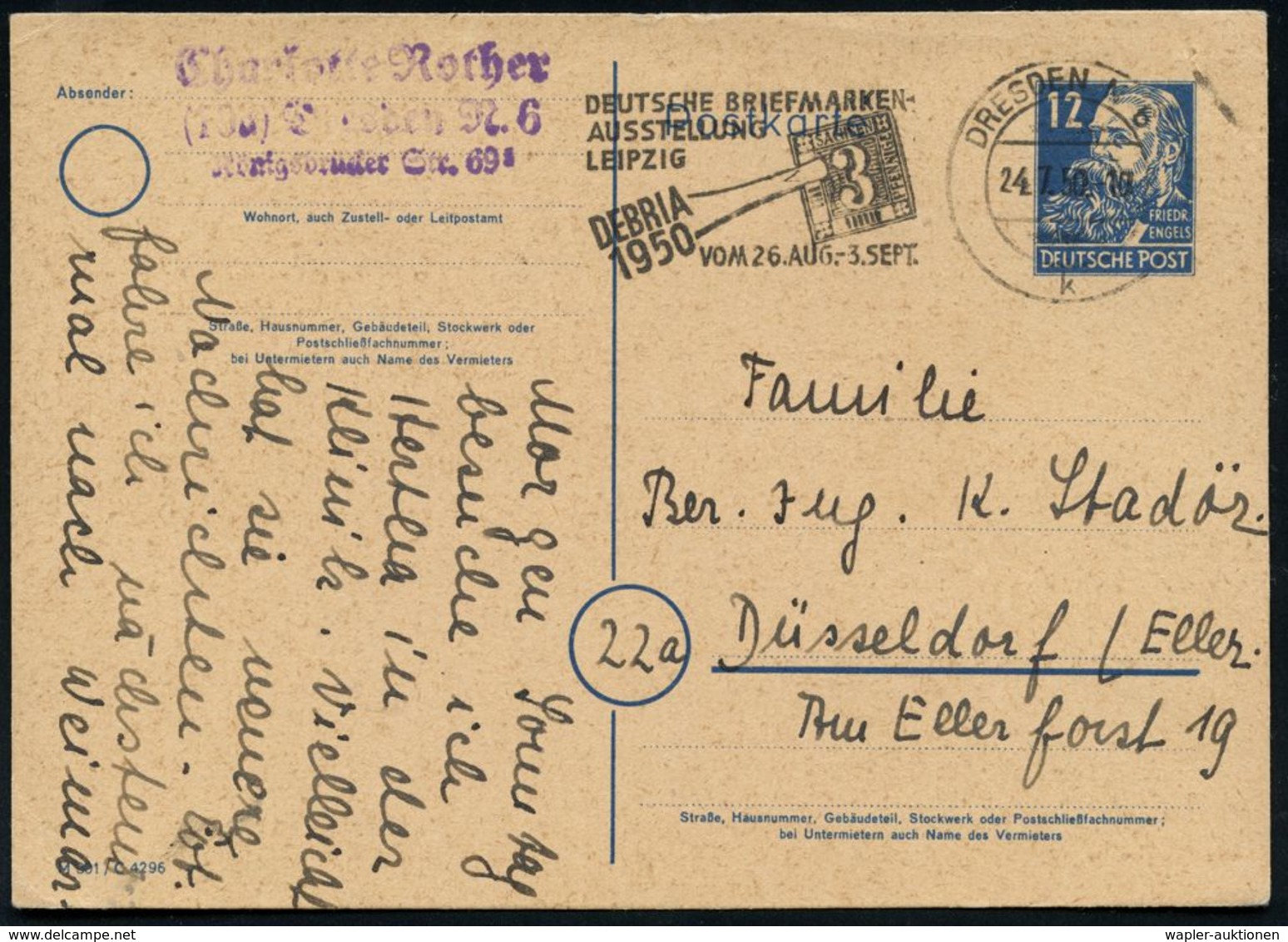 DRESDEN N6/ K/ DT.BRIEFMARKEN/ AUSST./ LEIPZIG/ DEBRIA.. 1950 (24.7.) MWSt = Sachsen Nr.1 3 Pf. (u. Pinzette) Bedarfs-Kt - Expositions Philatéliques