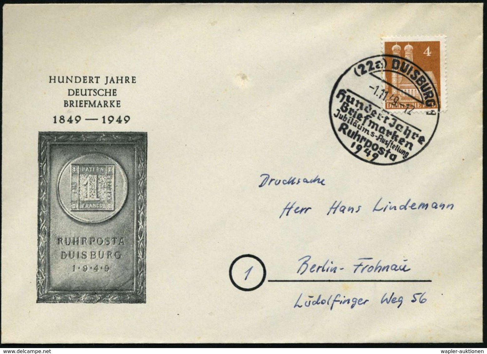 (22a) DUISBURG 1/ Hundert Jahre/ Briefmarken/ Jubil.-Ausst./ Ruhrposta 1949 (1.11.) SSt Auf Jubil.-SU: RUHR-POSTA.. HUND - Filatelistische Tentoonstellingen