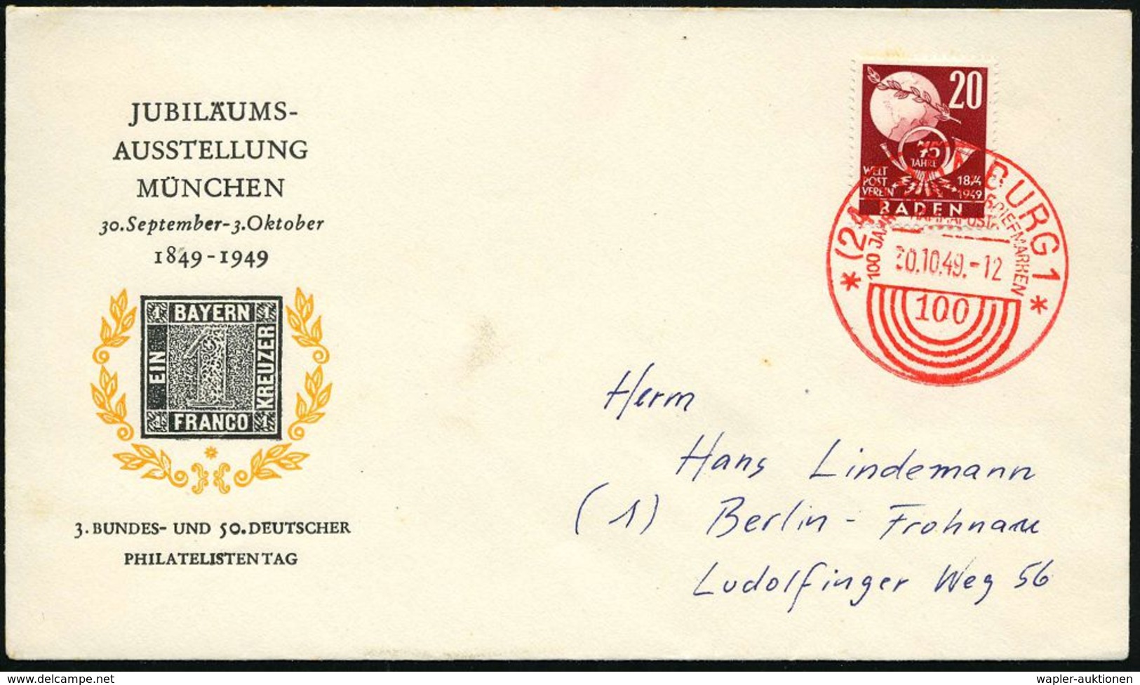 (24a) HAMBURG 1/ */ 100 JAHRE DEUTSCHE BRIEFMARKEN/ * 1949 (30.10.) Roter SSt Mit Sternen (Ring-Stpl. "100") Auf EF Bade - Filatelistische Tentoonstellingen