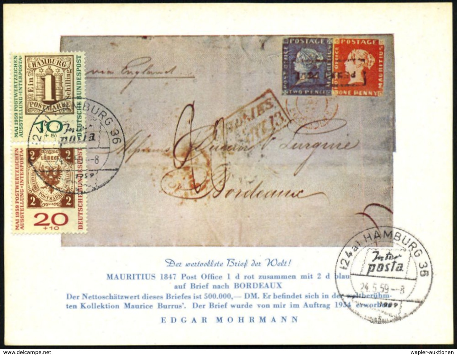 (24a) HAMBURG 36/ Jnterposta 1959 (24.5.) SSt = Ausstellung "100 Jahre Hamburg/ Lübeck-Briefmarken" Auf Kompl. Satz "100 - Filatelistische Tentoonstellingen