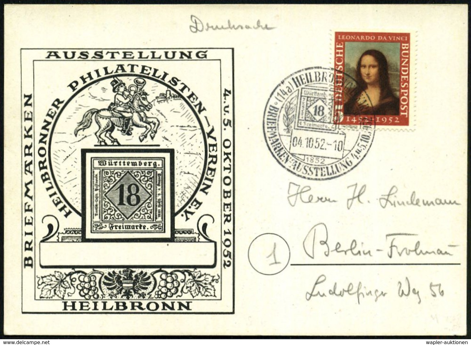 (14a) HEILBRONN (NECKAR)/ Württemberg/ Freimarke/ 1852/ BRIEFM.AUSSTELLUNG 1952 (4.10.) SSt = 18 Kf. Alt-Württemberg Auf - Expositions Philatéliques