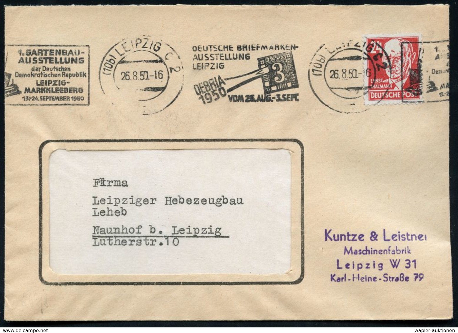 (10b) LEIPZIG C2/ DEUTSCHE BRIEFMARKEN-/ AUSSTELLUNG/ ..DEBRIA 1950 (Aug.) BdMWSt + 2. Text: 1. GARTEN-BAU-/AUSST./ ..MA - Esposizioni Filateliche