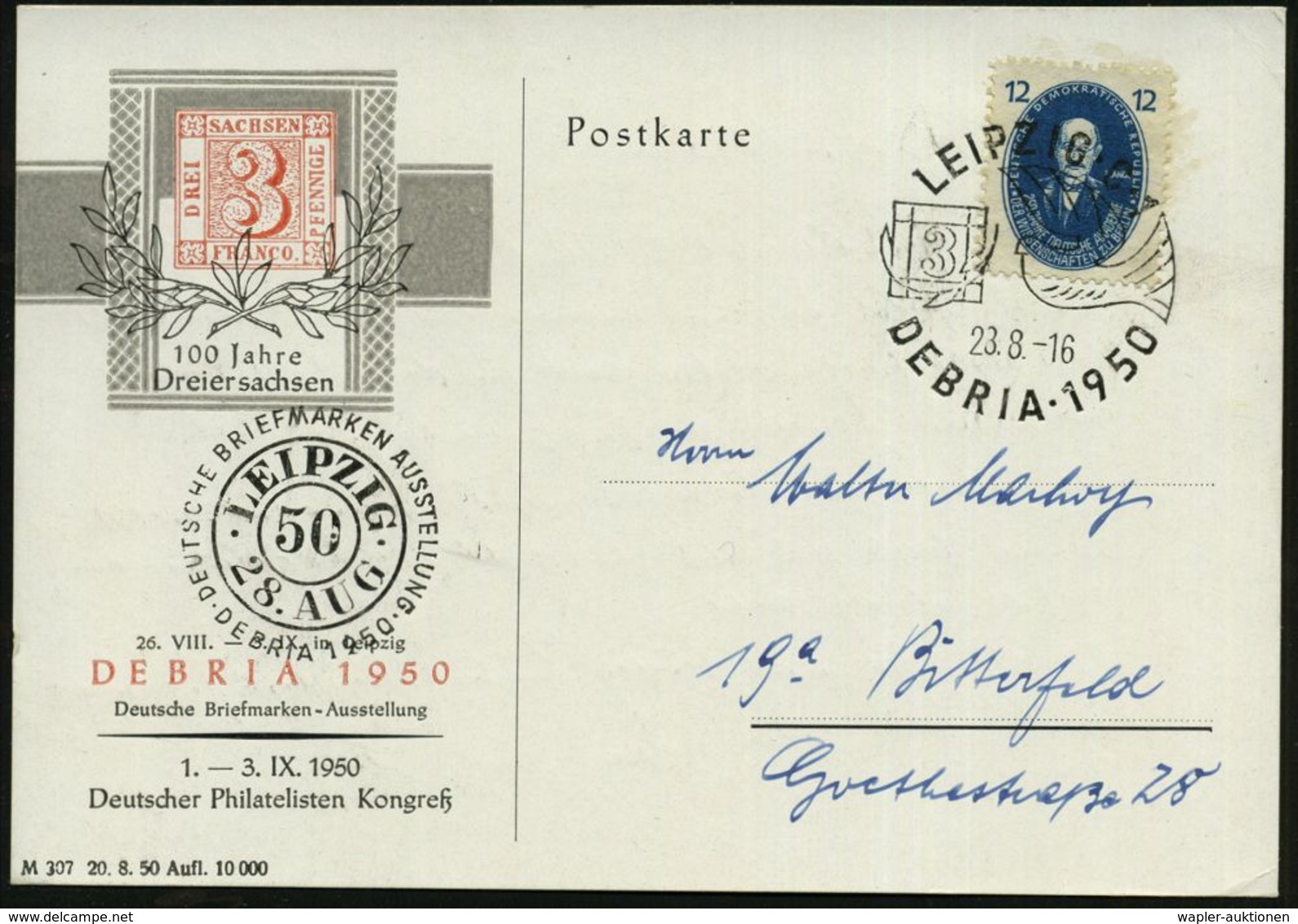 LEIPZIG C1/ DEBRIA 1950 (3.9.) 2 Verschiedene SSt = 100 Jahre Sachsen 3 Pf. (Sachsen Nr.1, Taube) + Weiterer DEBRIA-SSt. - Filatelistische Tentoonstellingen