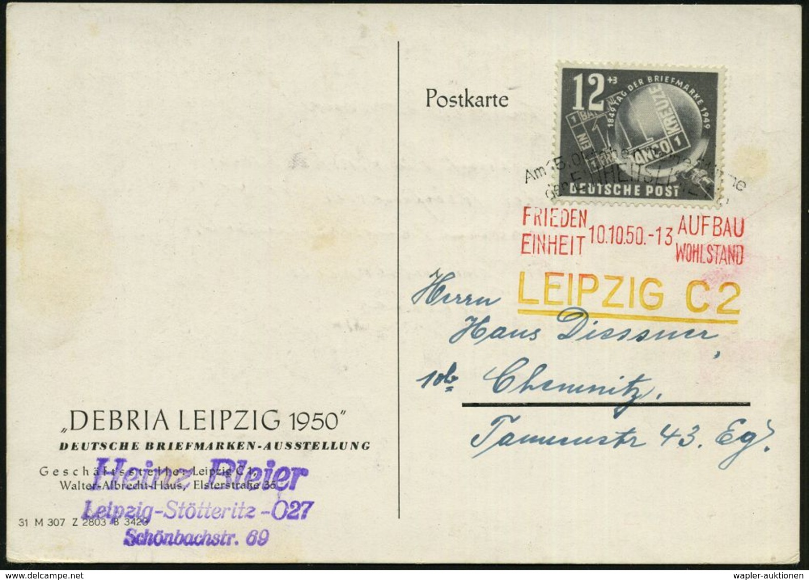 LEIPZIG C 2/ ..FRIEDEN AUFBAU/ EINHEIT WOHLSTAND 1950 (10.10.) Seltener, Dreifarbiger SSt "Schwarz, Rot, Gelb", EF 12 +  - Esposizioni Filateliche