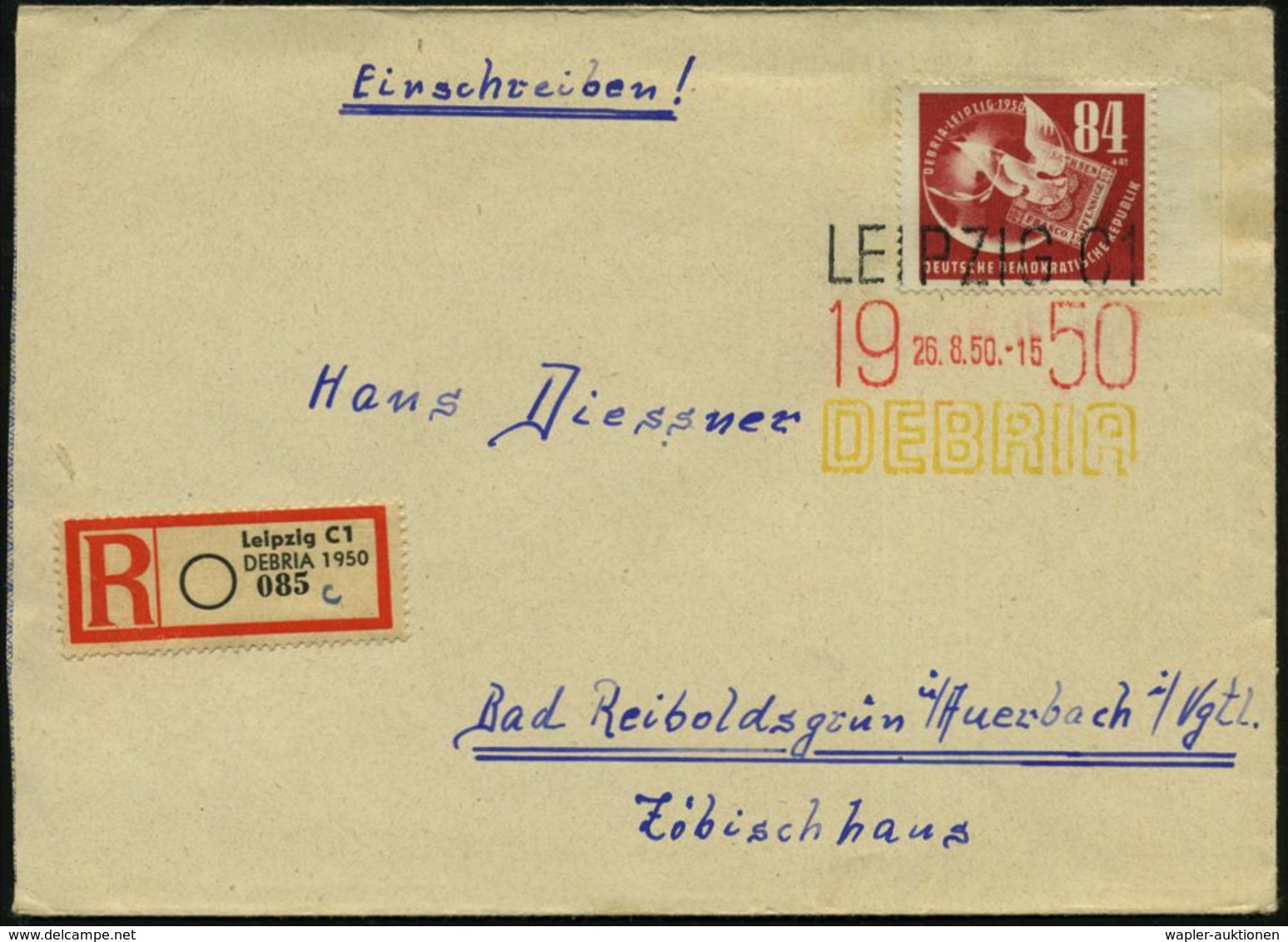 LEIPZIG C 1/ 1950/ DEBRIA 1950 (26.8.) Seltener, Dreifarbiger SSt. "Schwarz-Rot-Gelb" = 100 Jahre Sachsen-Briefmarken ,  - Filatelistische Tentoonstellingen