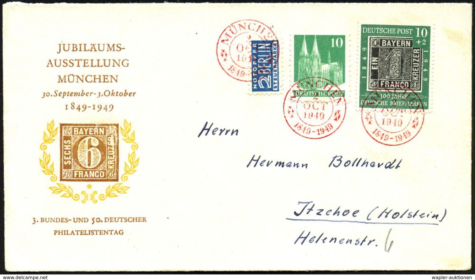 MÜNCHEN/ 1849 - 1949 1949 (2.10.) Roter SSt Auf 10 + 2 Pf. "100 Jahre Briefmarke" (= Bayern Nr.1 ,Mi.113 + 50.-EUR) U.a. - Philatelic Exhibitions