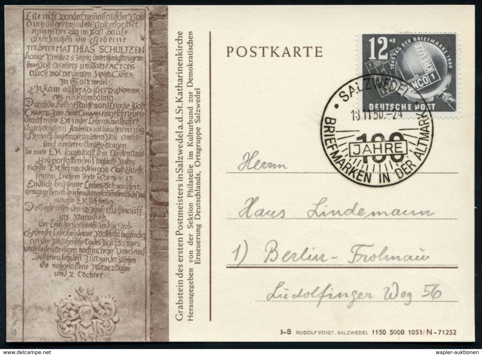 SALZWEDEL/ 100 JAHRE/ BRIEFMARKEN IN DER ALTMARK 1949 (19.11.) SSt Auf EF 12 Pf. + 3 Pf. "Tag Der Briefmarke" (Mi.245, E - Briefmarkenausstellungen