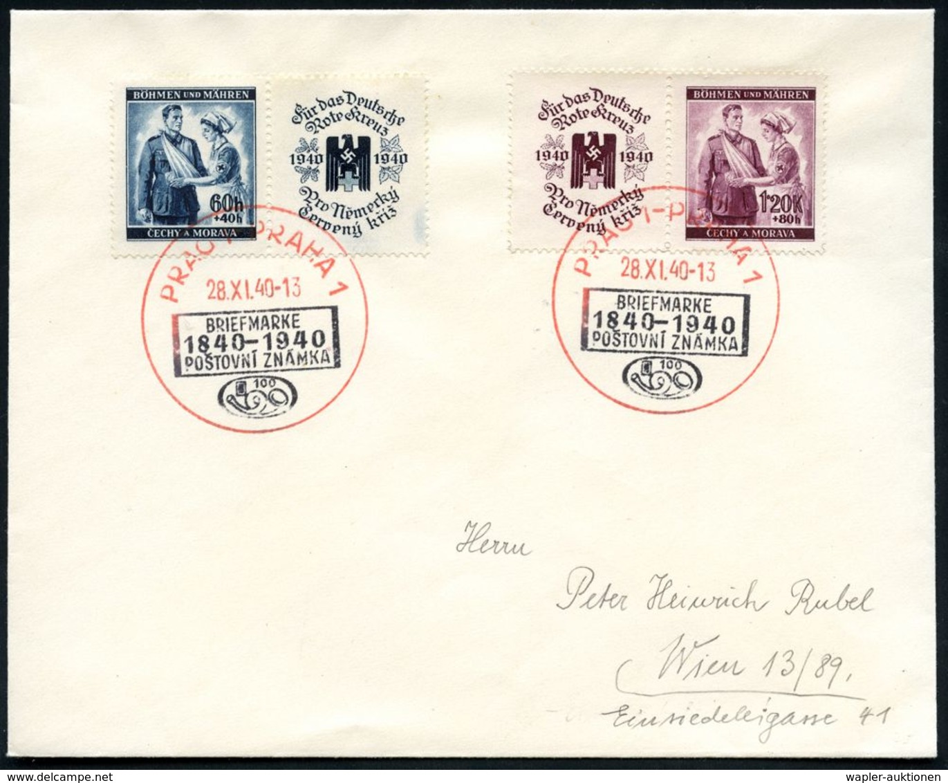 BÖHMEN & MÄHREN 1940 (28.11.) Zweifarbiger SSt: PRAG 1-PRAHA 1/BRIEFMARKE/1840-1940.. (Posthorn) 2x Klar A. Kompl. Satz  - Esposizioni Filateliche