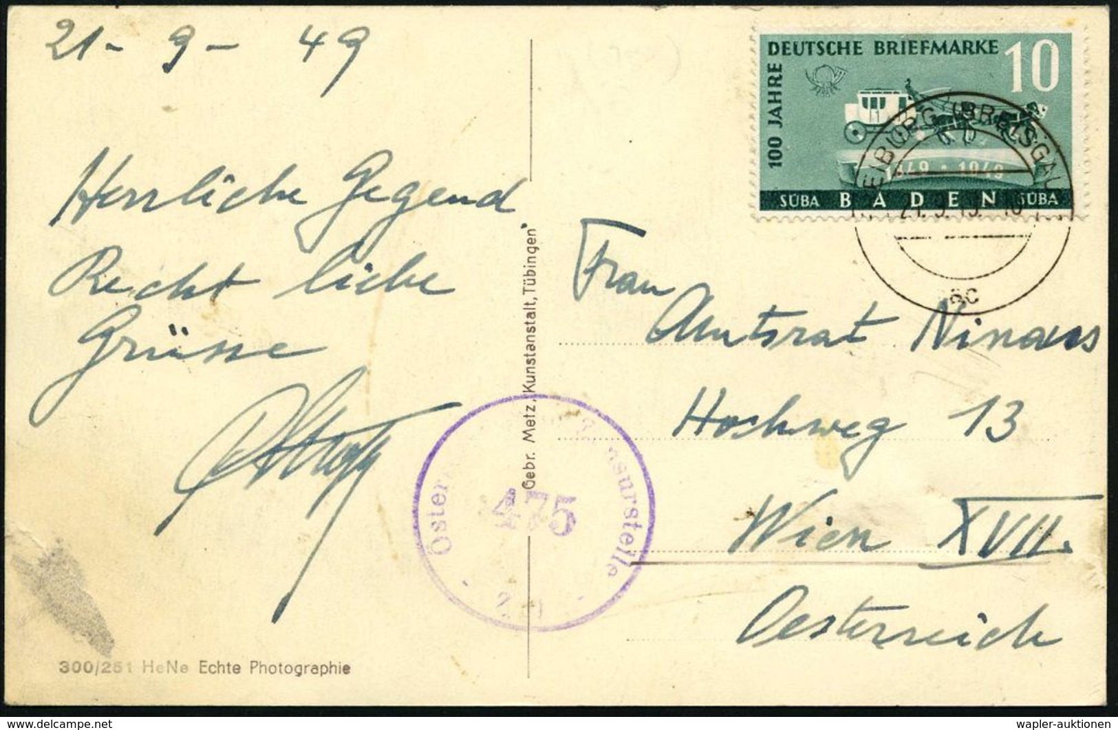 BADEN 1949 (21.9.) 10 Pf. "100 Jahre Briefmarke", EF = Postkutsche Klar Gest. (FREIBURG /BREISG.) Auf Orts-Ak. (links Un - Expositions Philatéliques