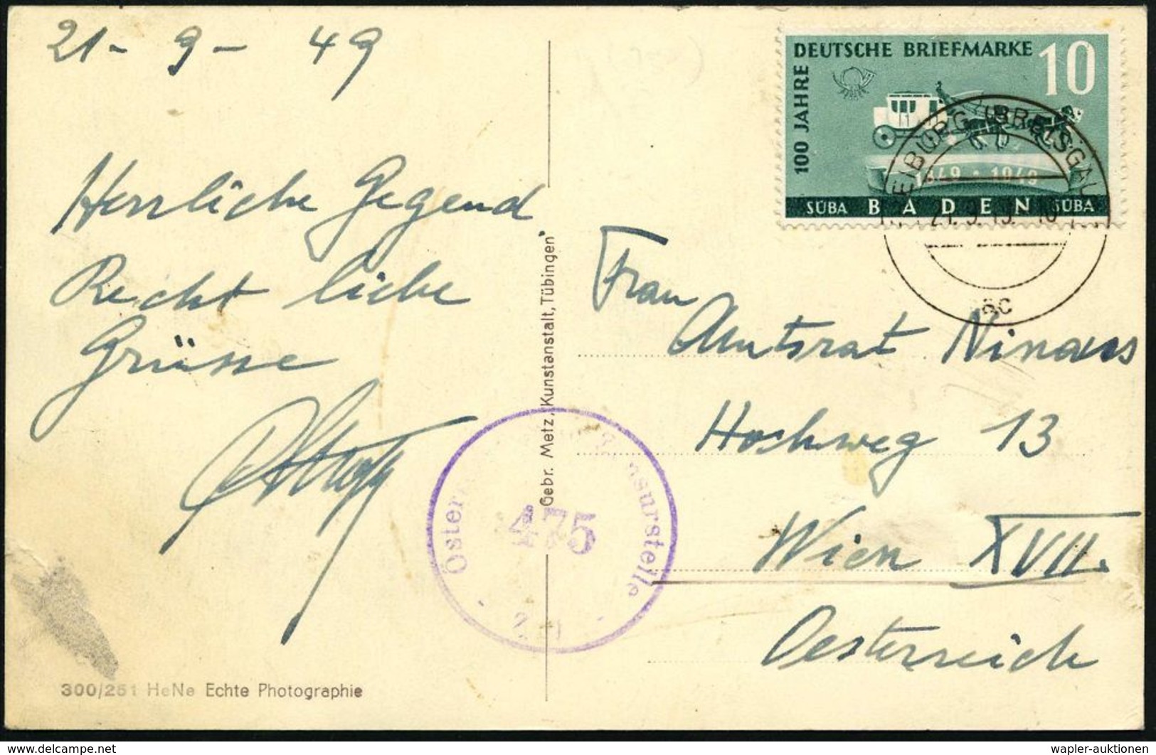 BADEN 1949 (21.9.) 10 Pf. "100 Jahre Briefmarke", EF = Postkutsche Klar Gest. (FREIBURG /BREISG.) Auf Orts-Ak. (links Un - Filatelistische Tentoonstellingen