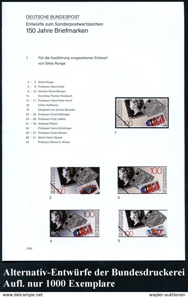 B.R.D. 1990 (Aug.) 100 Pf. "150 Jahre Briefmarken", 42 Verschied. Color-Entwürfe D. Bundesdruckerei A.7 Entwurfsblät-ter - Filatelistische Tentoonstellingen