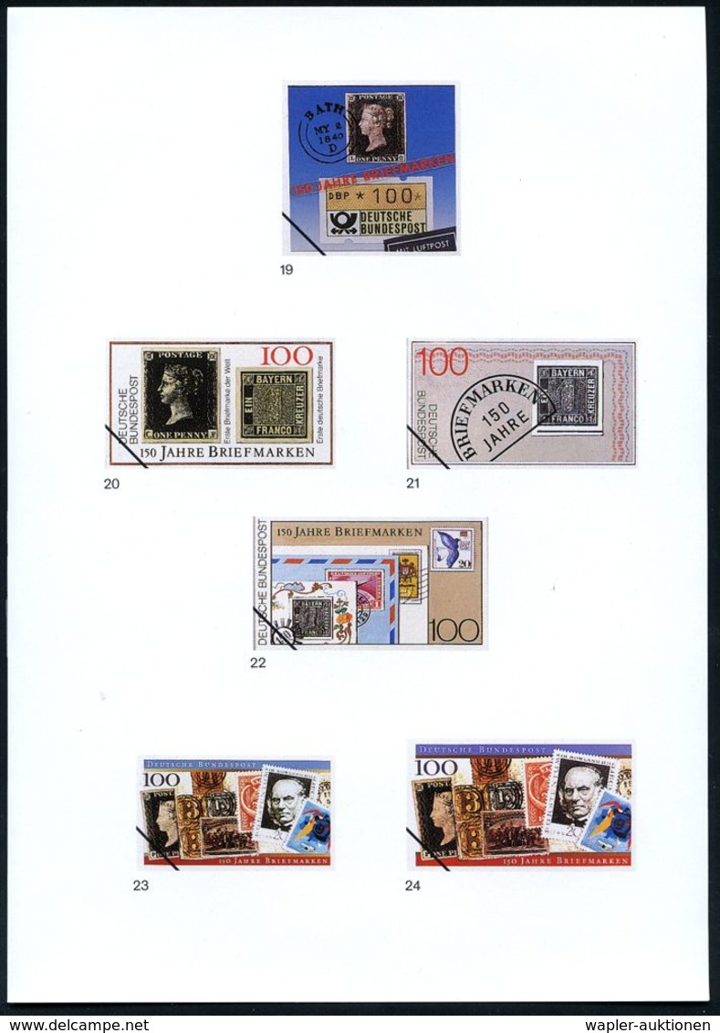 B.R.D. 1990 (Aug.) 100 Pf. "150 Jahre Briefmarken", 42 Verschied. Color-Entwürfe D. Bundesdruckerei A.7 Entwurfsblät-ter - Expositions Philatéliques