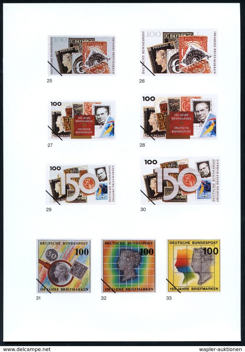 B.R.D. 1990 (Aug.) 100 Pf. "150 Jahre Briefmarken", 42 Verschied. Color-Entwürfe D. Bundesdruckerei A.7 Entwurfsblät-ter - Filatelistische Tentoonstellingen