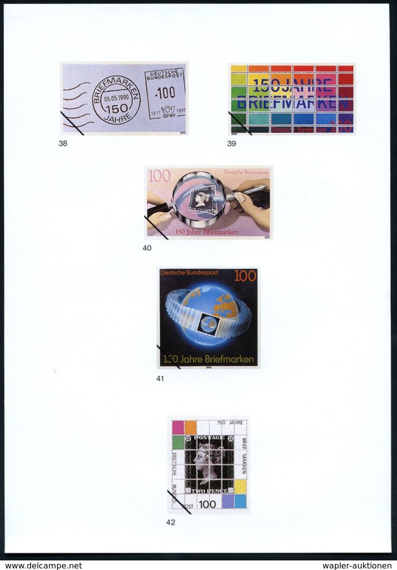 B.R.D. 1990 (Aug.) 100 Pf. "150 Jahre Briefmarken", 42 verschied. Color-Entwürfe d. Bundesdruckerei a.7 Entwurfsblät-ter