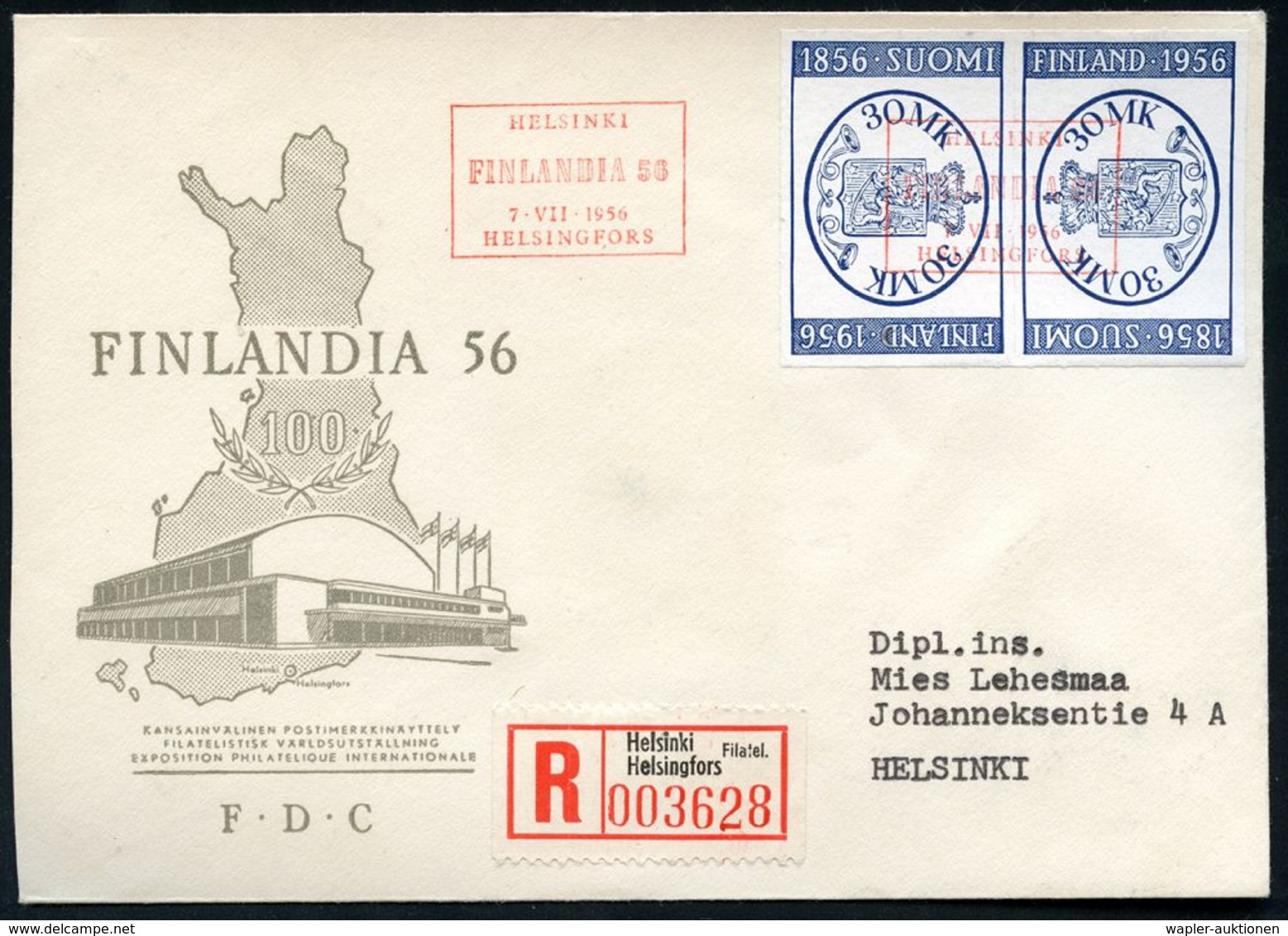 FINNLAND 1956 (7.7.) 30 Mk. "100 J. Briefm." Kehrdruck-Paar + Roter SSt: HELSINKI/FINLANDIA 56 , Rs. Jubil.-Vign: FINLAN - Expositions Philatéliques