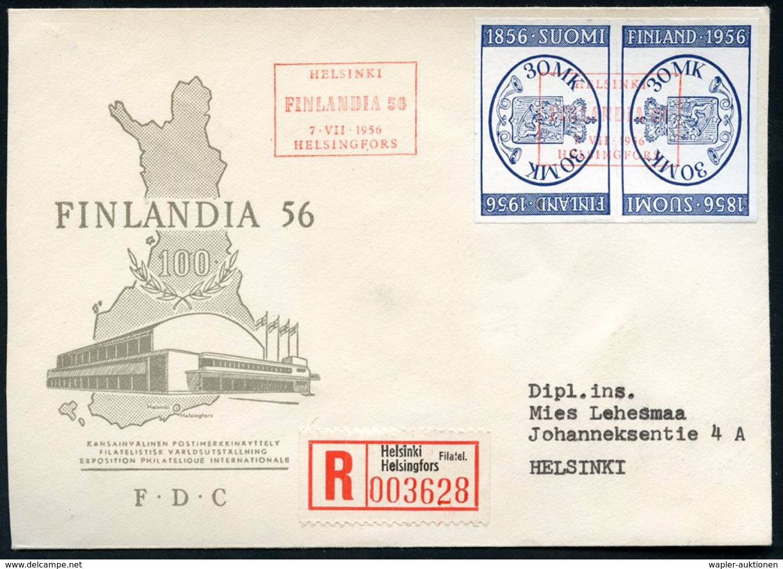 FINNLAND 1956 (7.7.) 30 Mk. "100 J. Briefm." Kehrdruck-Paar + Roter SSt: HELSINKI/FINLANDIA 56 , Rs. Jubil.-Vign: FINLAN - Filatelistische Tentoonstellingen