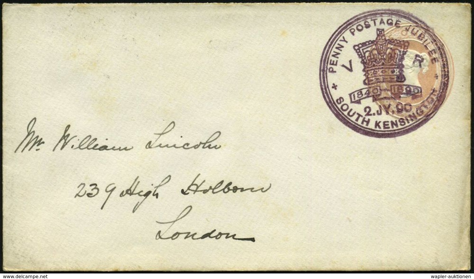 GROSSBRITANNIEN 1890 (2.7.) Viol. SSt: SOUTH KENSINGTON/PENNY POSTAGE JUBILEE/VR (Krone) = 50 Jahre Briefmarke, Klar Ges - Expositions Philatéliques