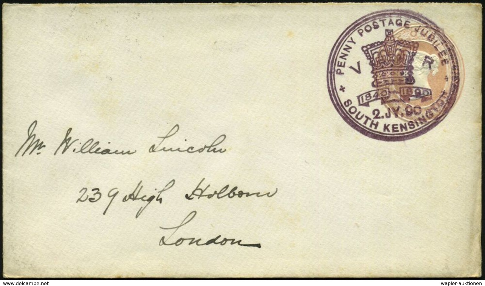 GROSSBRITANNIEN 1890 (2.7.) Viol. SSt: SOUTH KENSINGTON/PENNY POSTAGE JUBILEE/VR (Krone) = 50 Jahre Briefmarke, Klar Ges - Esposizioni Filateliche