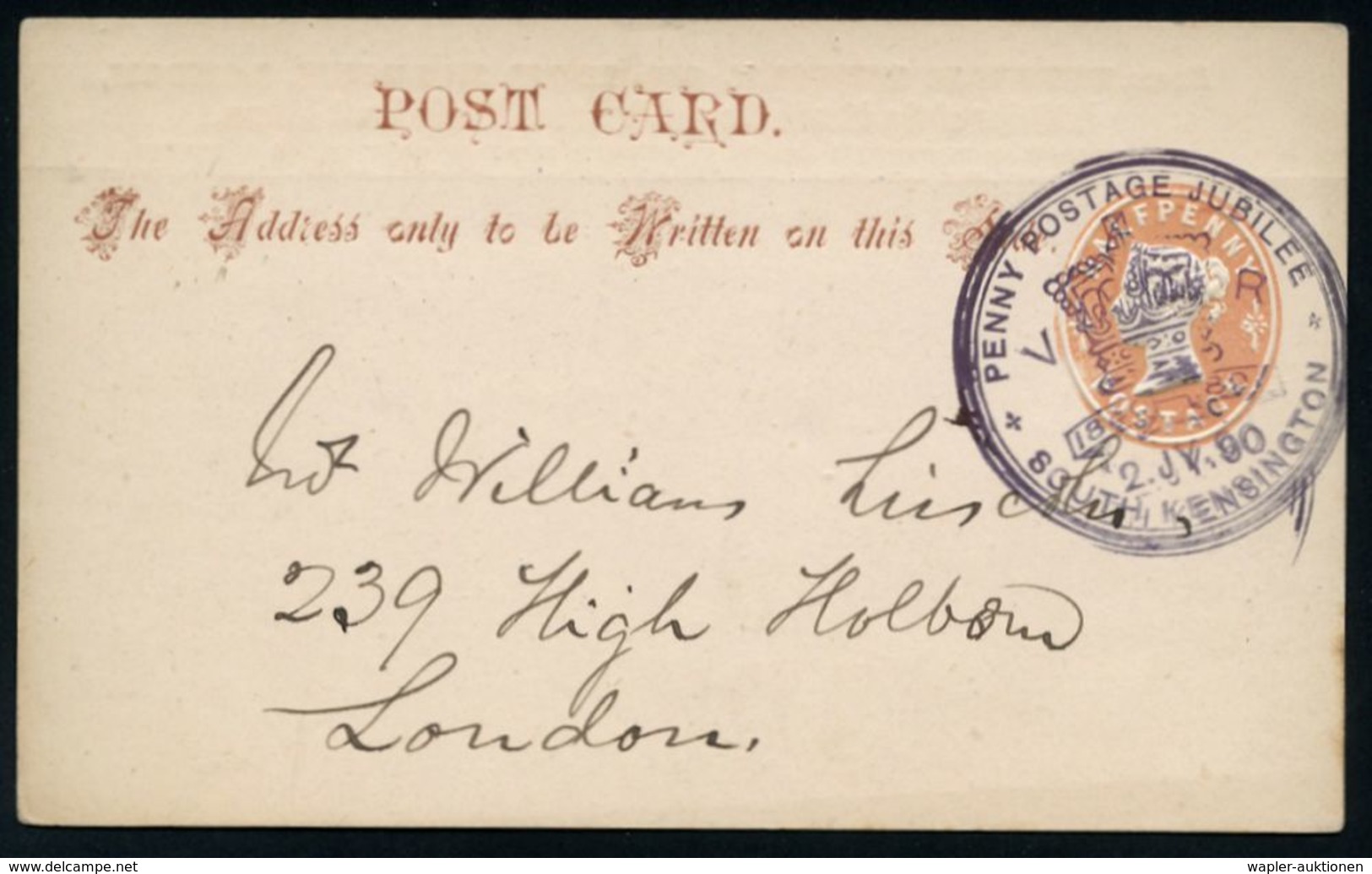 GROSSBRITANNIEN 1890 (2.1.) Schw.-viol. SSt.: SOUTH KENSINGTON/PENNY POSTAGE JUBILEE/VR/1840-1890 = 50 Jahre Briefmarke  - Briefmarkenausstellungen