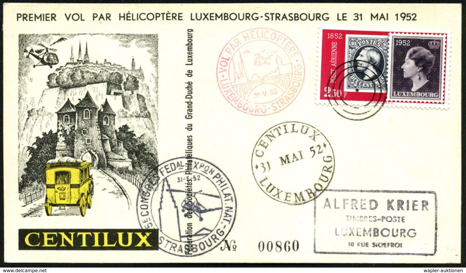 LUXEMBURG 1952 (31.5.) 2,50 F. "CENTILUX" = Ausstellung 100 Jahre Luxemburger Briefmarken, EF + SSt.: LUXEMBOURG/CENTILU - Expositions Philatéliques