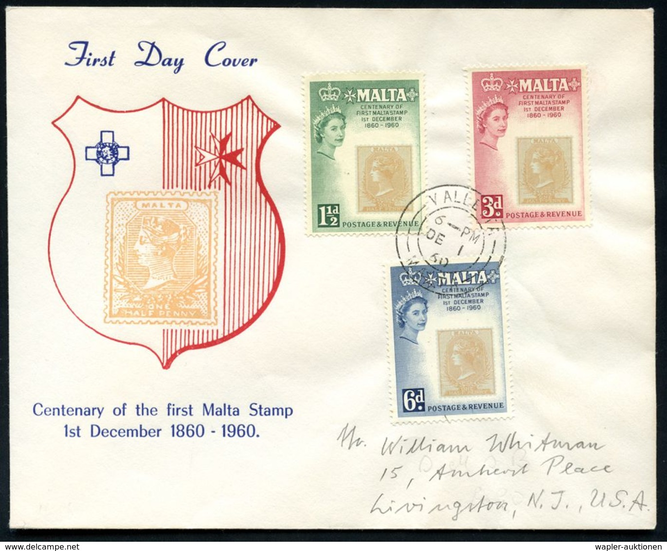 MALTA 1960 (1.12.) 100 Jahre Malta-Briefmarken, Kompl.Satz , Klar Gest. Übersee-FDC-SU.  (Mi.272/74) - - Esposizioni Filateliche