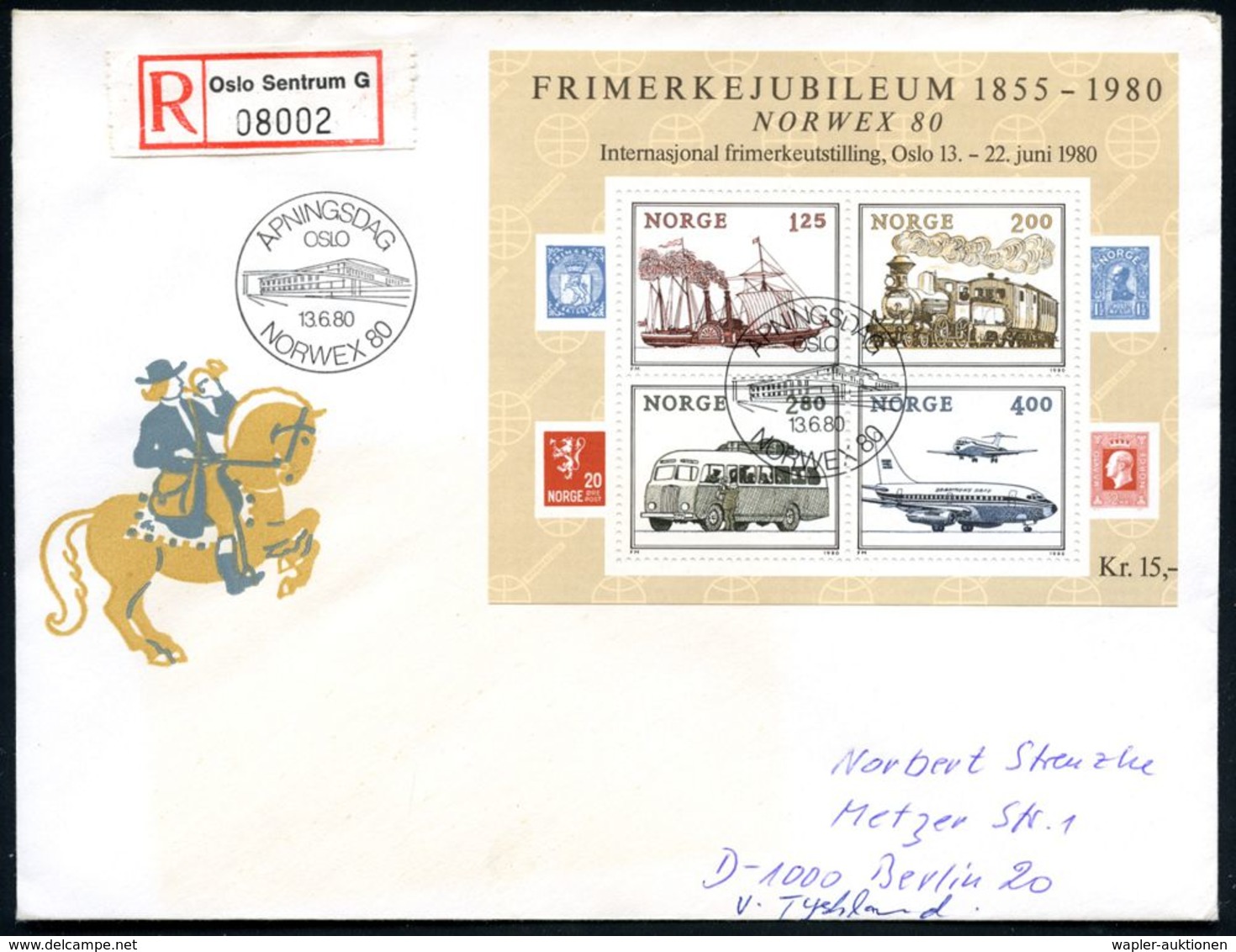 NORWEGEN 1980 (13.6.) NORWEX-Block = 125 Jahre Norweg.Briefmarke (Verkehrsmittel) EF + NORWEG-SSt. + RZ: Oslo Sentrum G, - Exposiciones Filatélicas