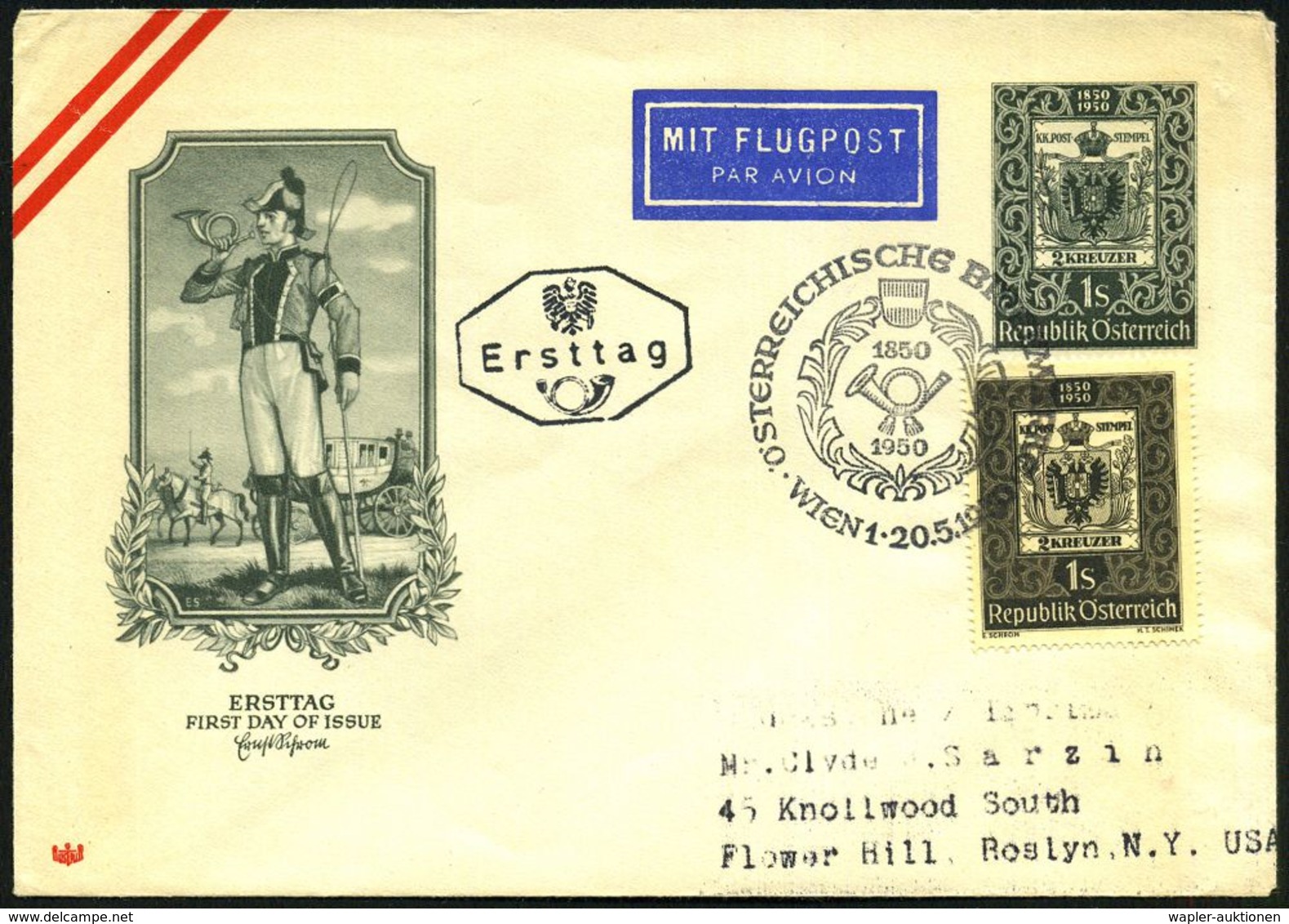 ÖSTERREICH 1950 (20.5.) PU 1 S. "100 Jahre Österr. Briefmarke" = Postillon, Postkutsche (u. 2 Kreuzer-Marke) + Motivgl.  - Esposizioni Filateliche