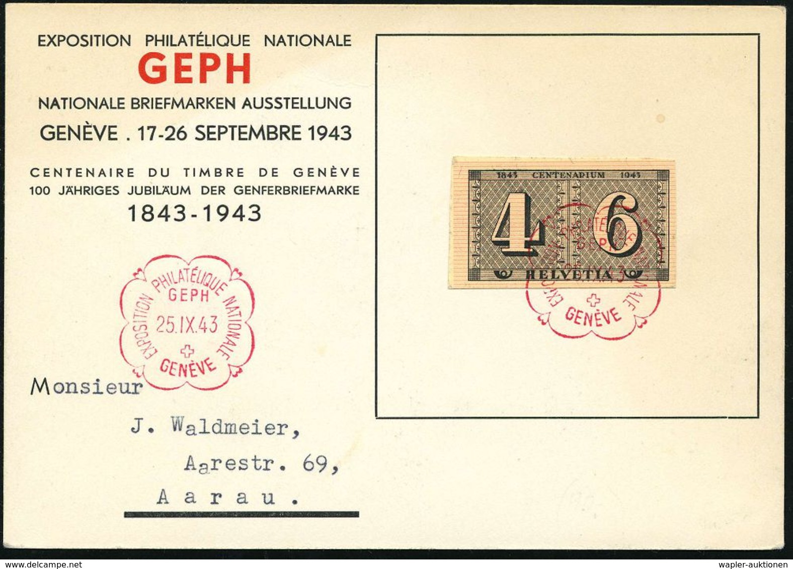 SCHWEIZ 1943 (25.9.) 4 + 6 C. "100 Jahre Zürcher Kantonalmarken", EF Aus Block + Roter SSt.: GENEVE/EXPOS. PHILATEL. NAT - Filatelistische Tentoonstellingen